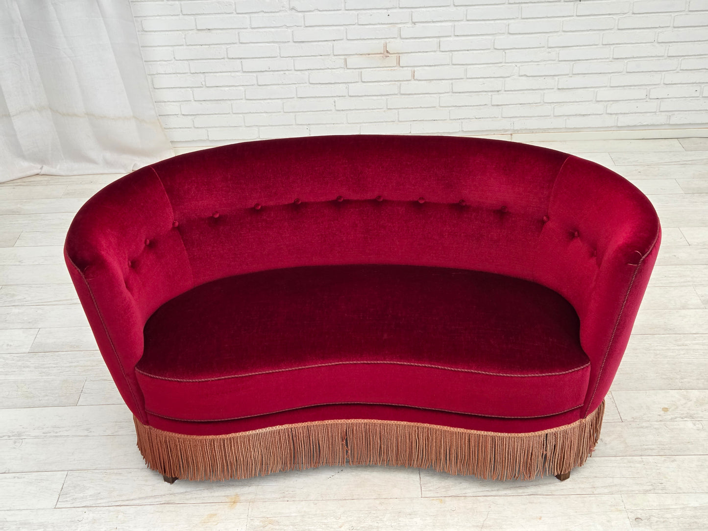 1970s, Danish 2-seater curved sofa, red furniture velour, beech wood.