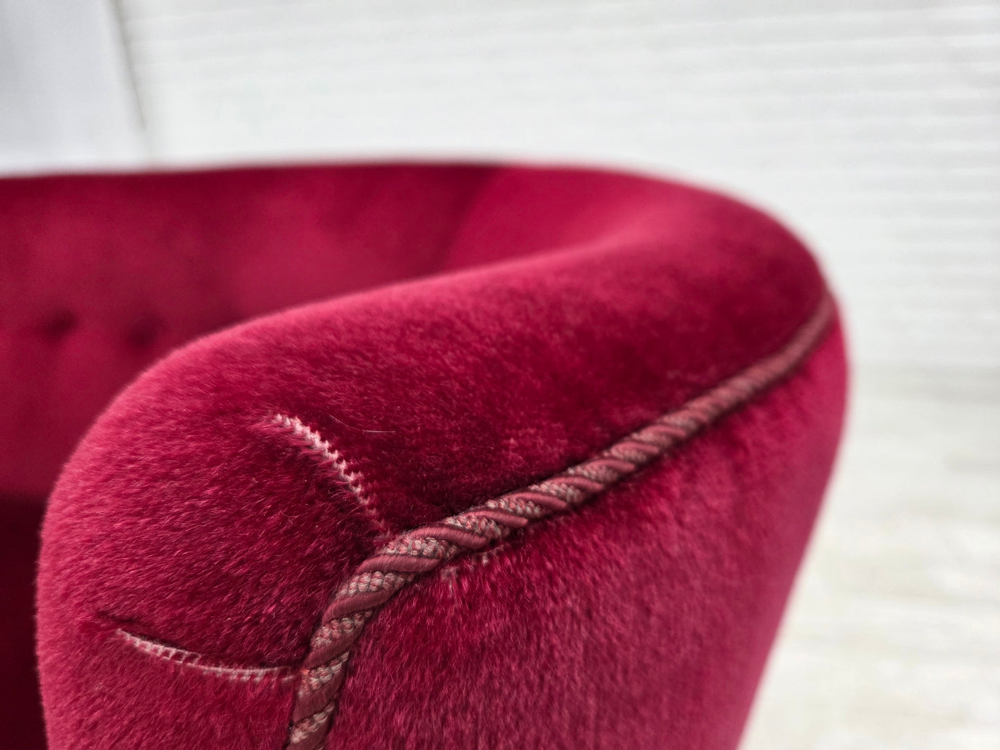 1970s, Danish 2-seater curved sofa, red furniture velour, beech wood.