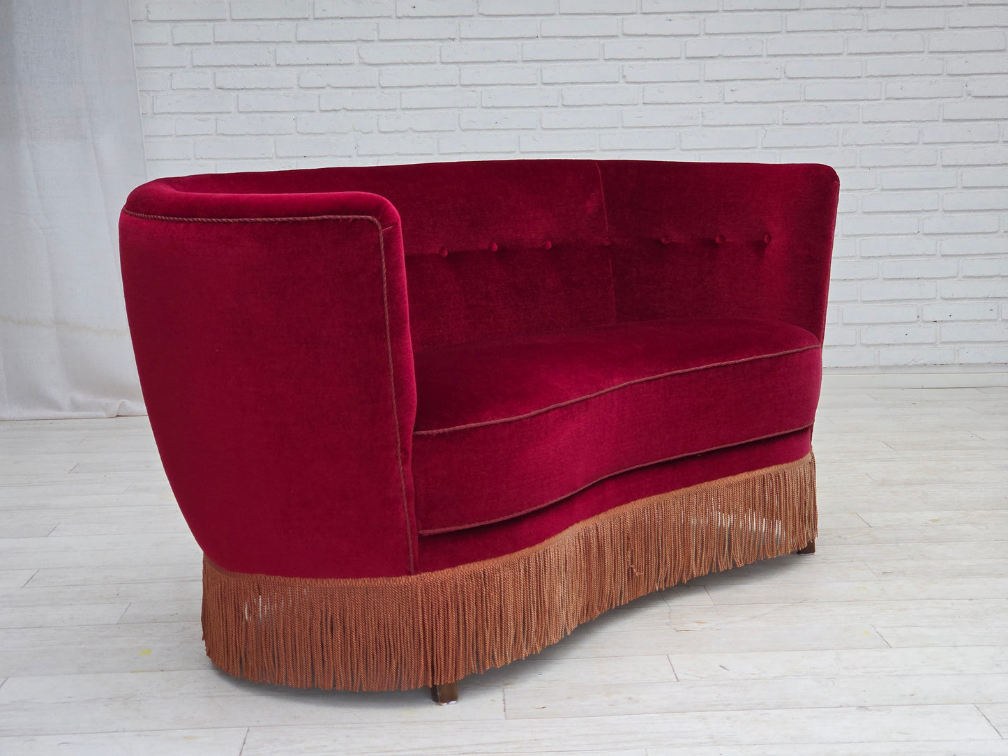 1970s, Danish 2-seater curved sofa, red furniture velour, beech wood.