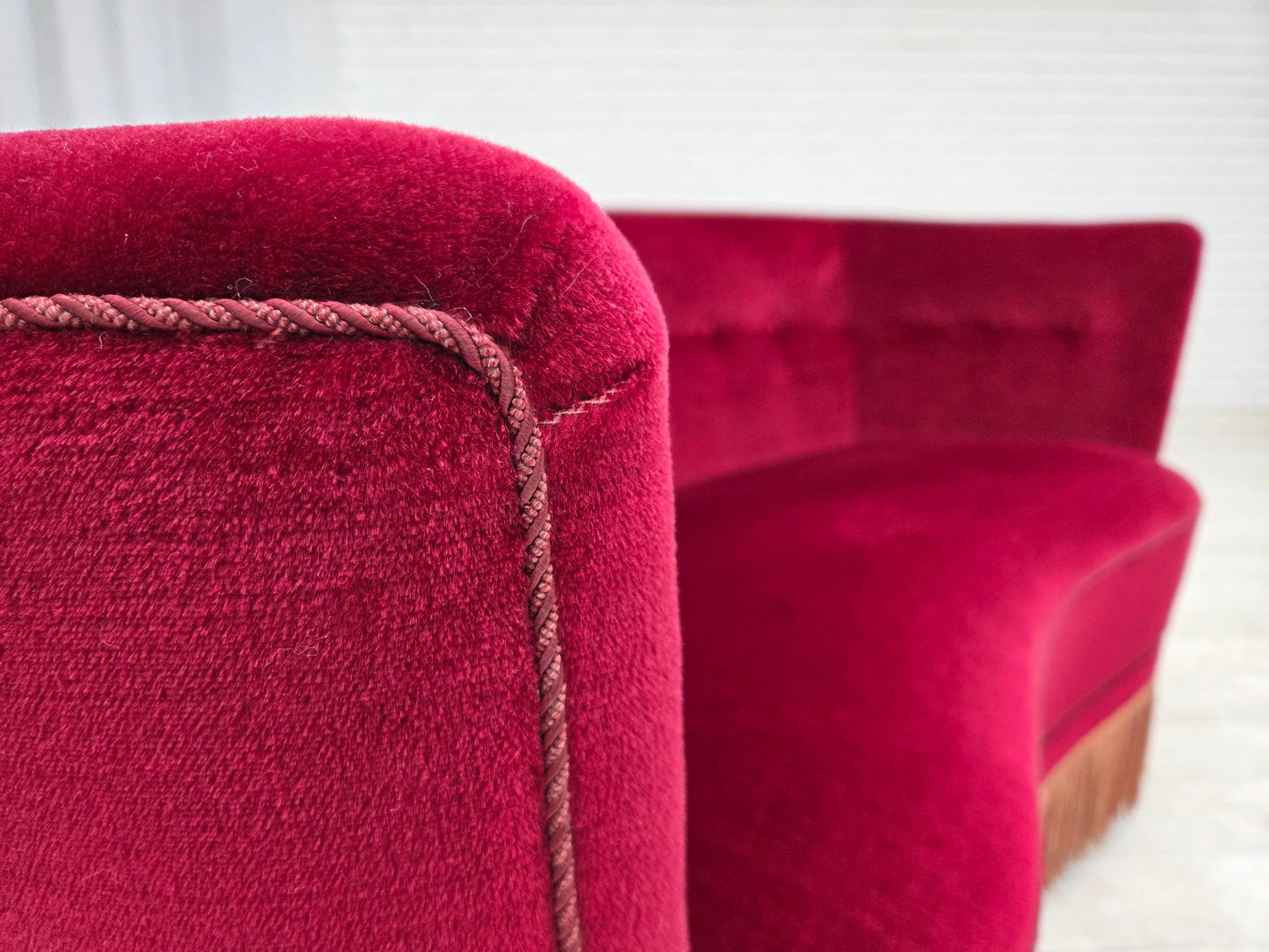 1970s, Danish 2-seater curved sofa, red furniture velour, beech wood.