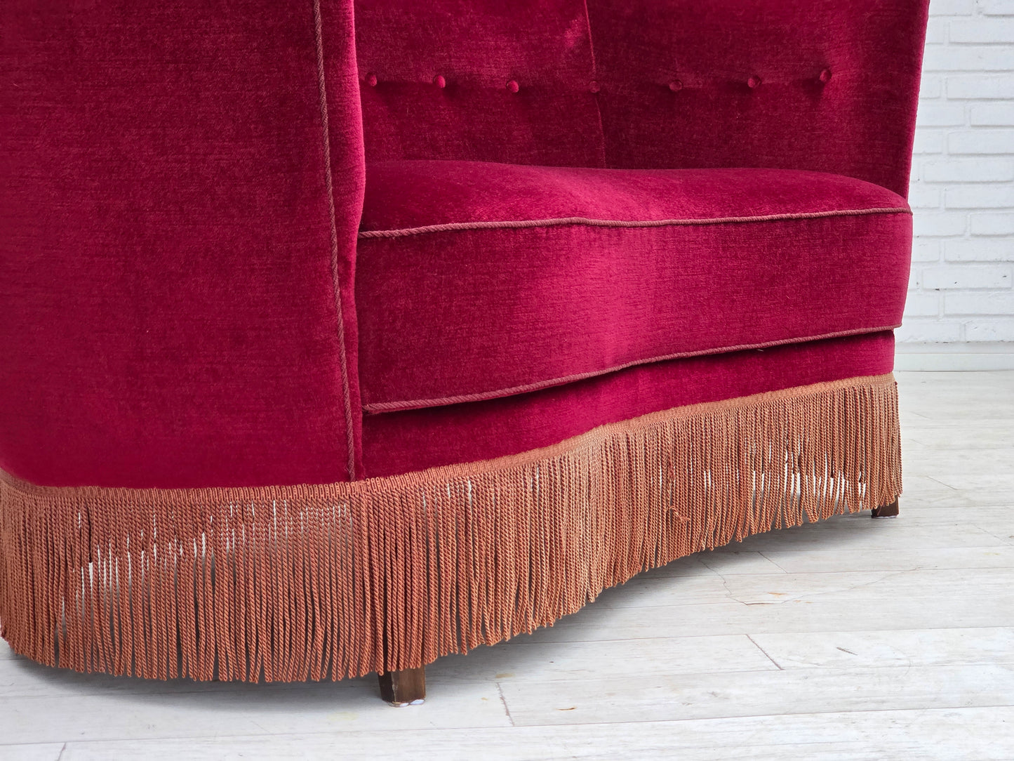 1970s, Danish 2-seater curved sofa, red furniture velour, beech wood.