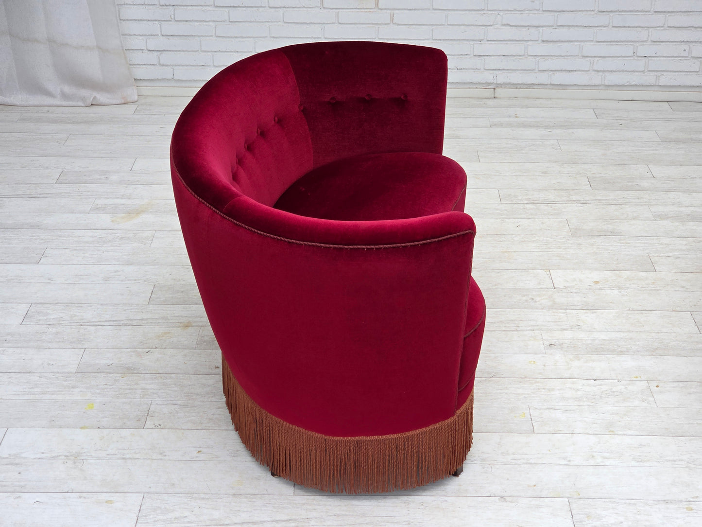 1970s, Danish 2-seater curved sofa, red furniture velour, beech wood.