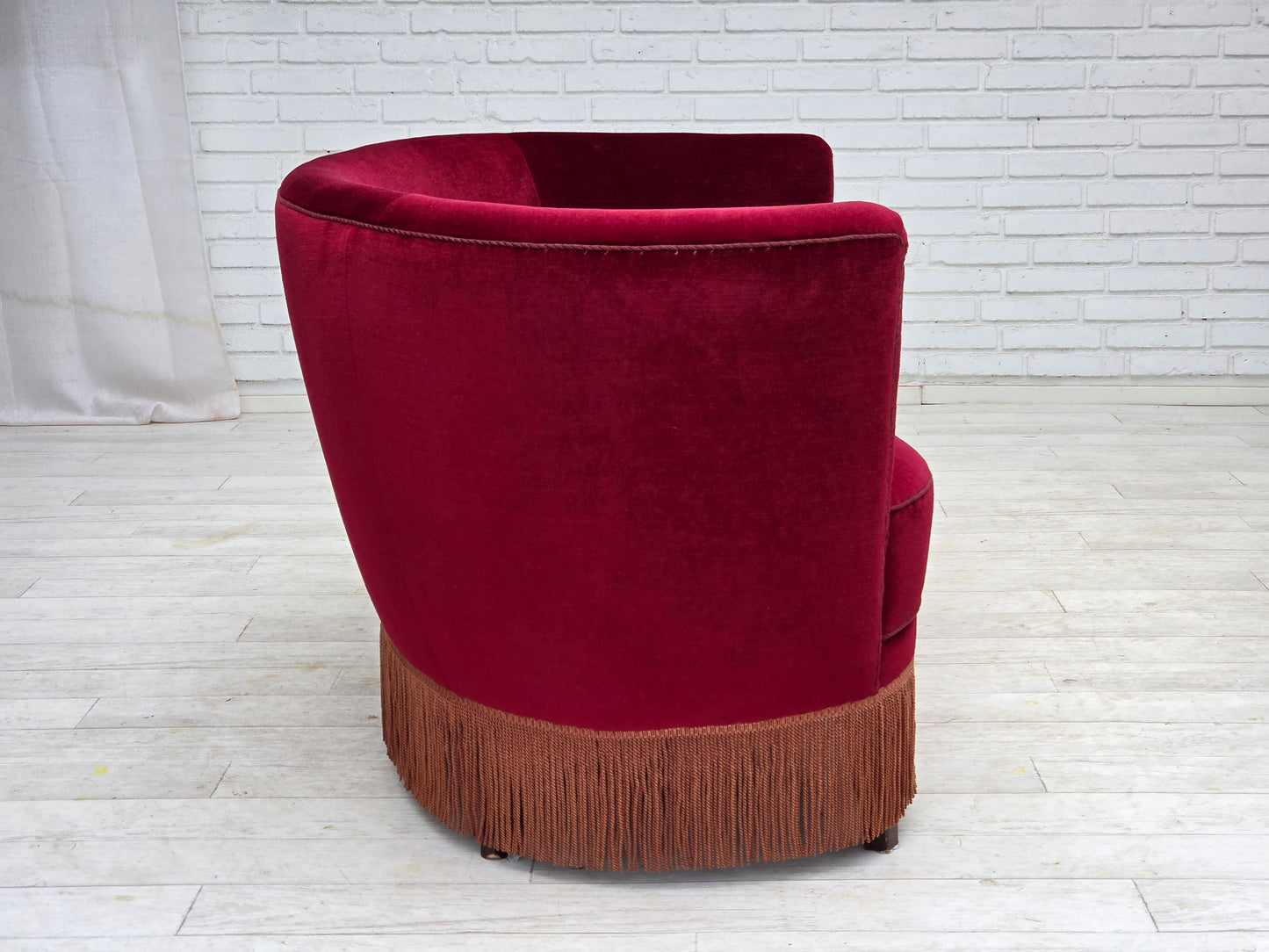 1970s, Danish 2-seater curved sofa, red furniture velour, beech wood.