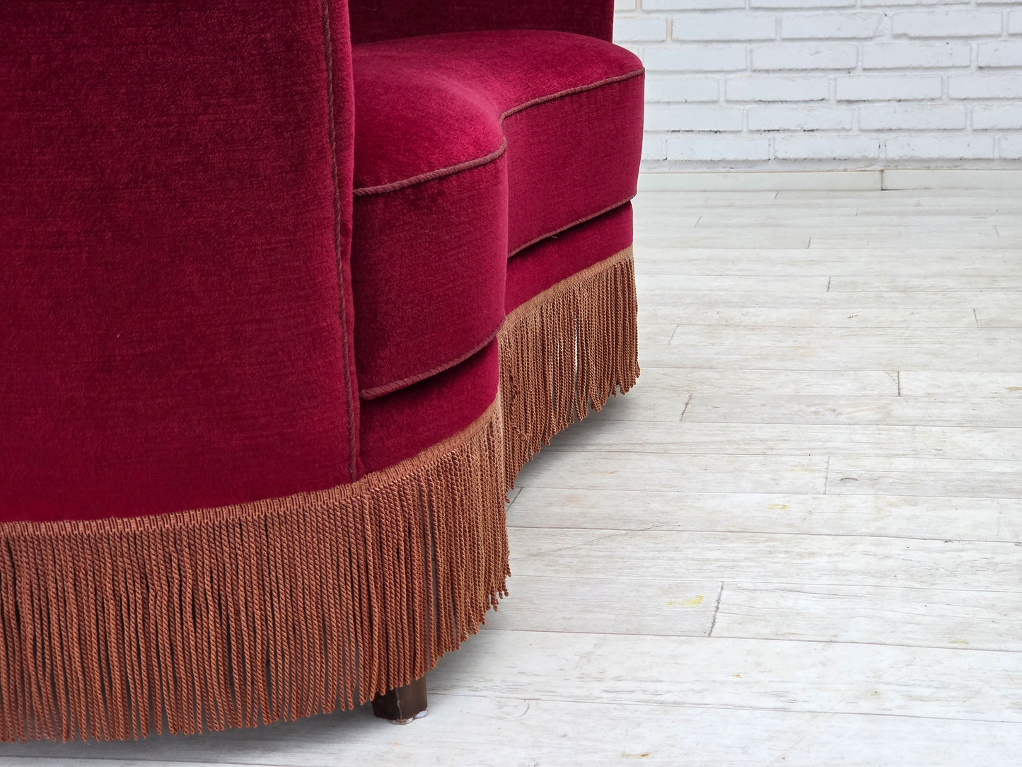 1970s, Danish 2-seater curved sofa, red furniture velour, beech wood.