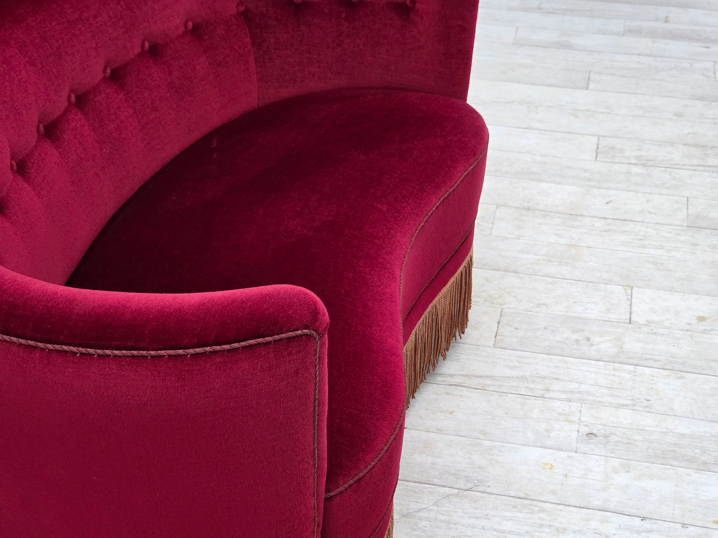 1970s, Danish 2-seater curved sofa, red furniture velour, beech wood.