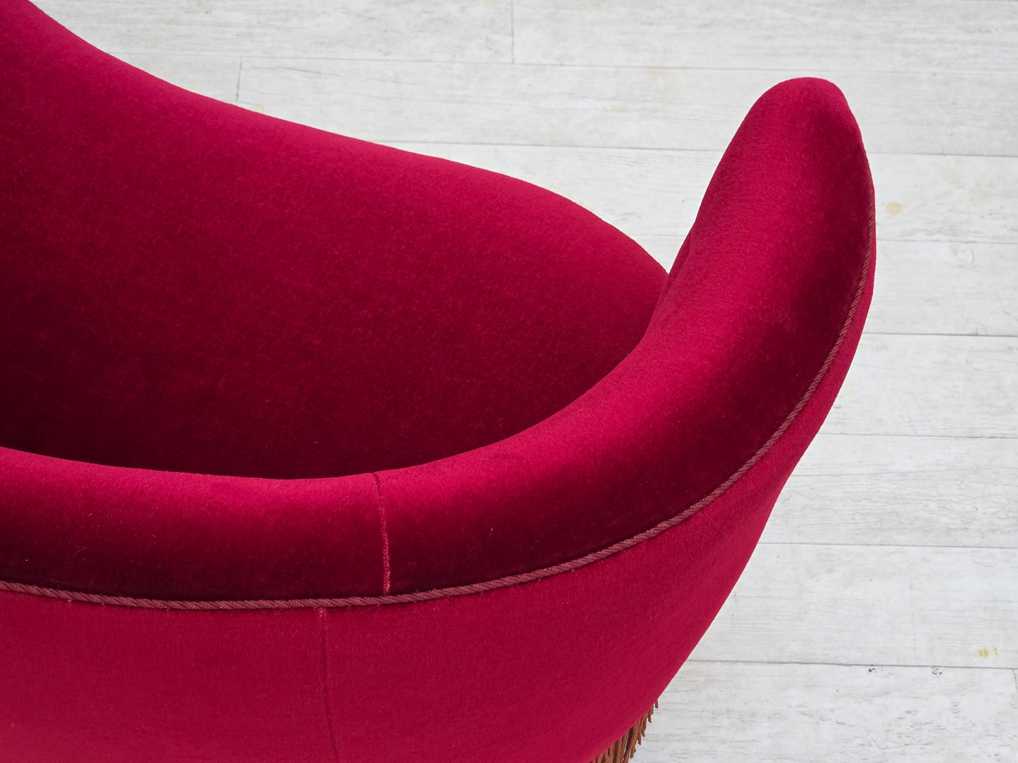 1970s, Danish 2-seater curved sofa, red furniture velour, beech wood.