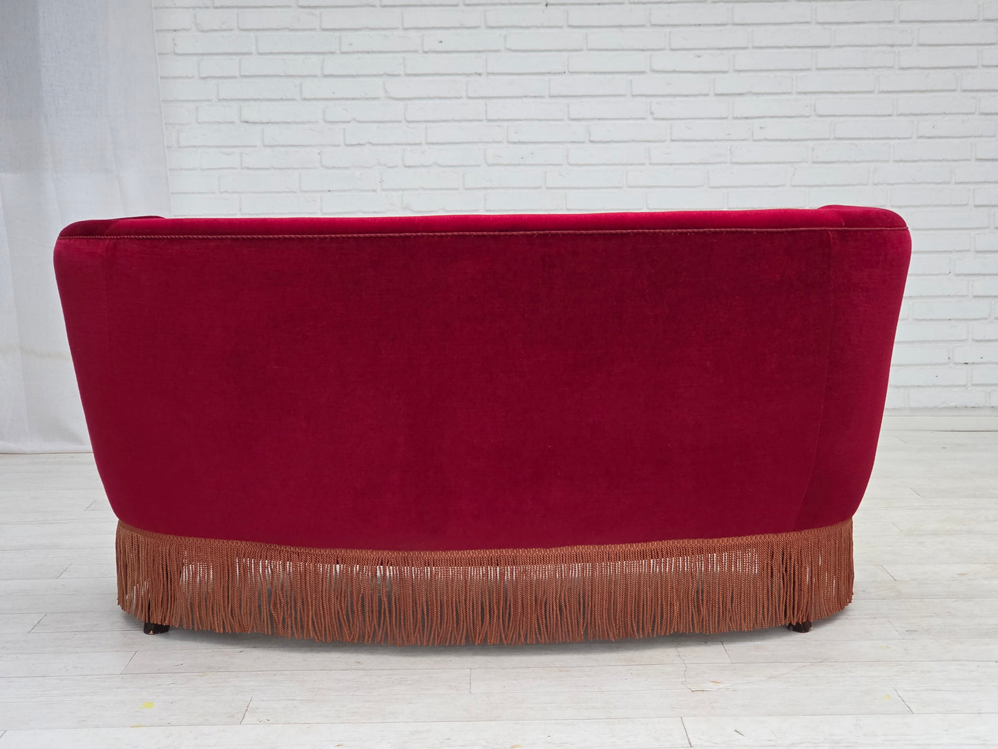 1970s, Danish 2-seater curved sofa, red furniture velour, beech wood.