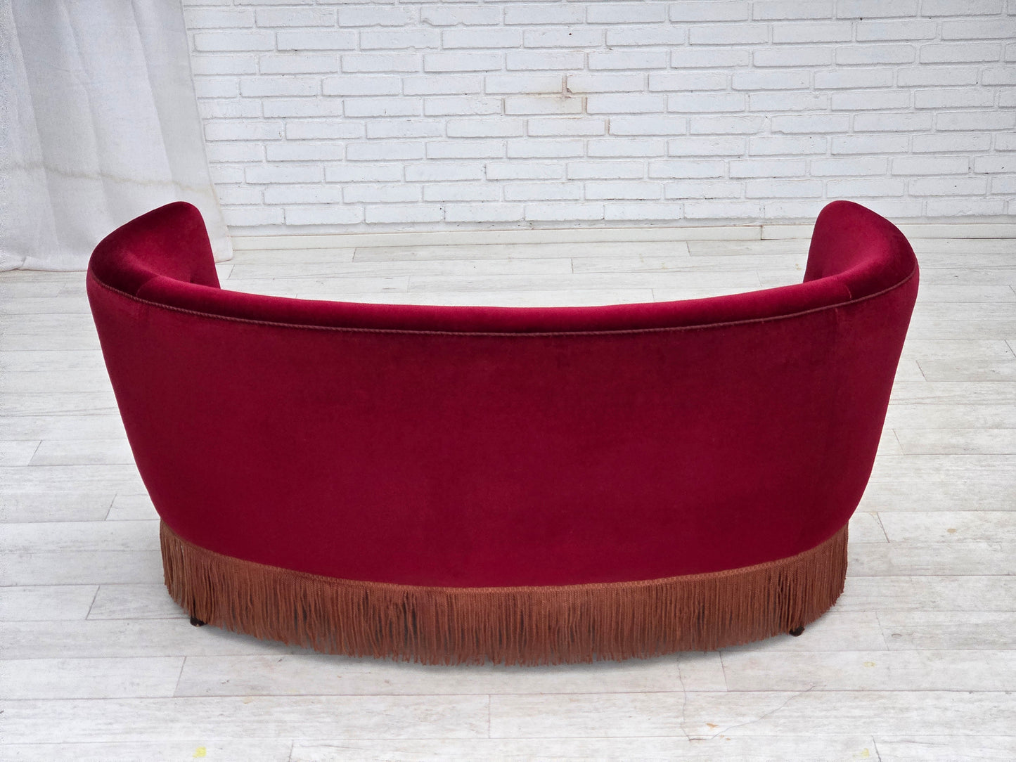 1970s, Danish 2-seater curved sofa, red furniture velour, beech wood.
