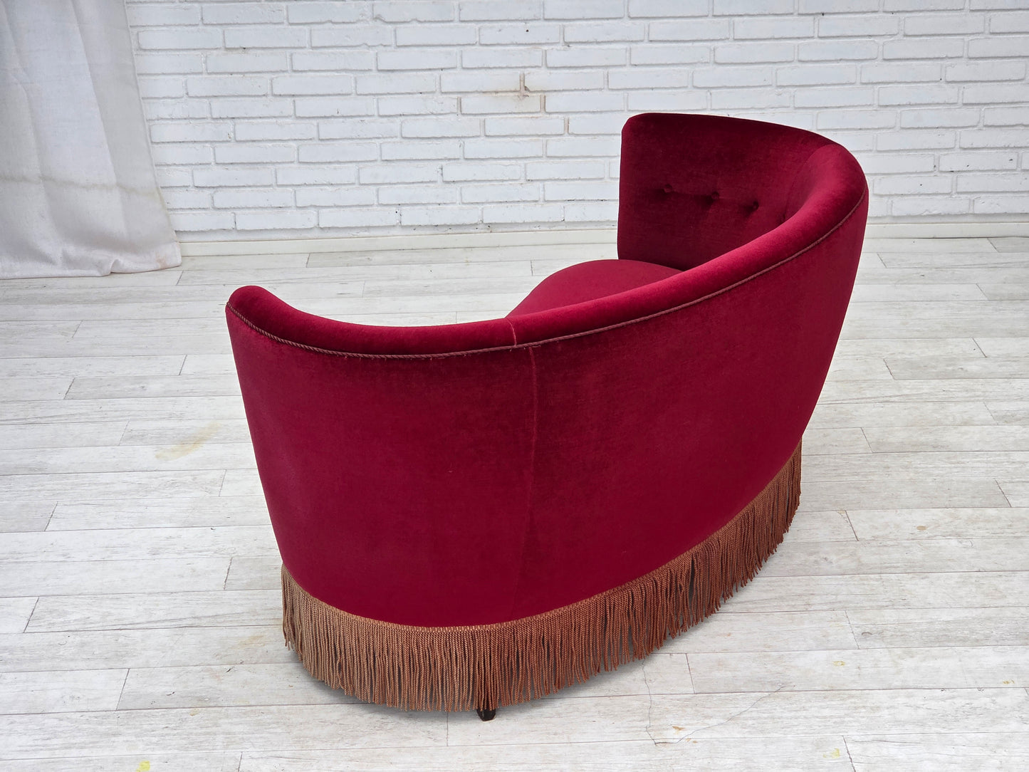 1970s, Danish 2-seater curved sofa, red furniture velour, beech wood.