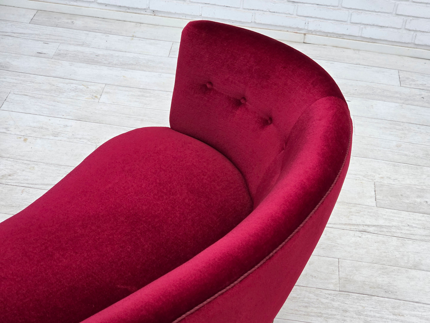 1970s, Danish 2-seater curved sofa, red furniture velour, beech wood.