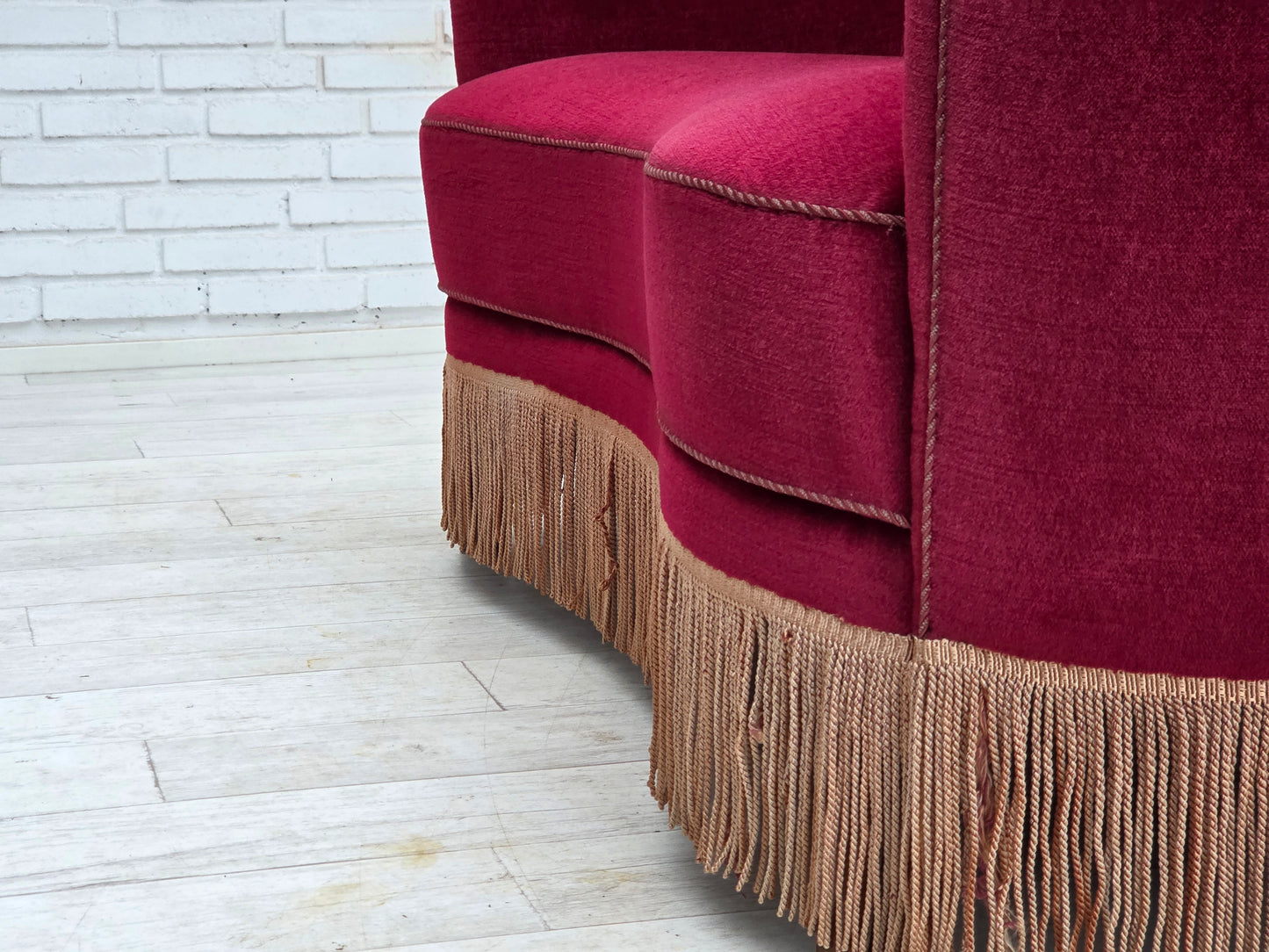 1970s, Danish 2-seater curved sofa, red furniture velour, beech wood.