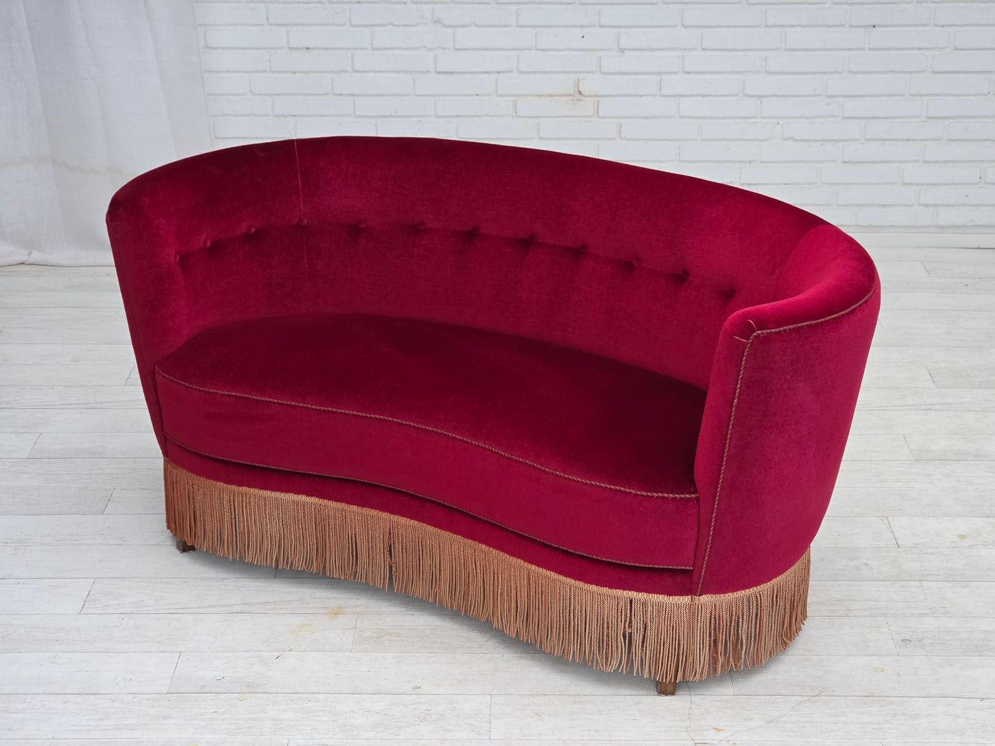 1970s, Danish 2-seater curved sofa, red furniture velour, beech wood.