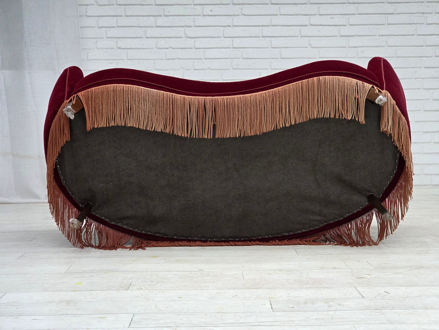 1970s, Danish 2-seater curved sofa, red furniture velour, beech wood.