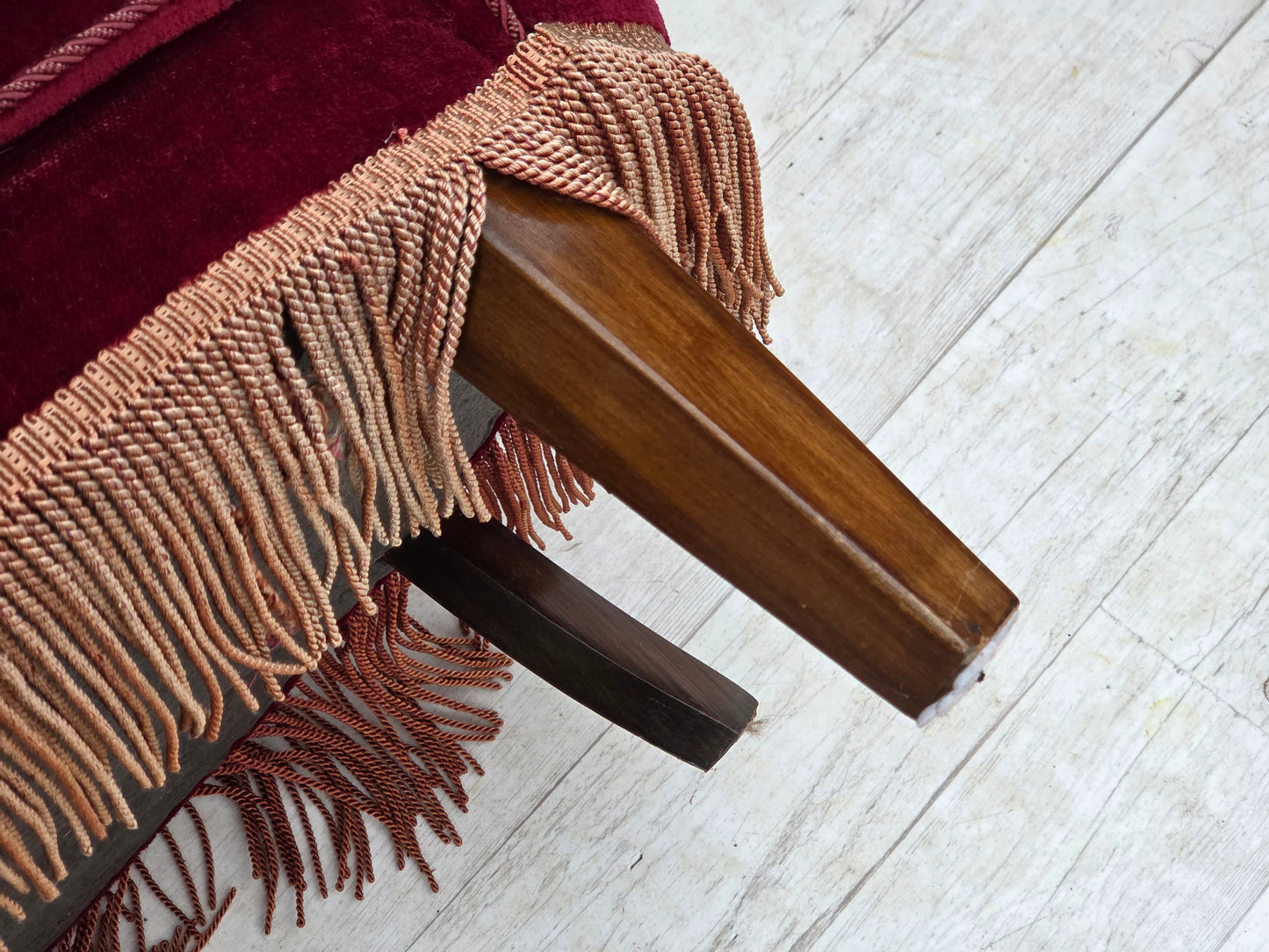 1970s, Danish 2-seater curved sofa, red furniture velour, beech wood.