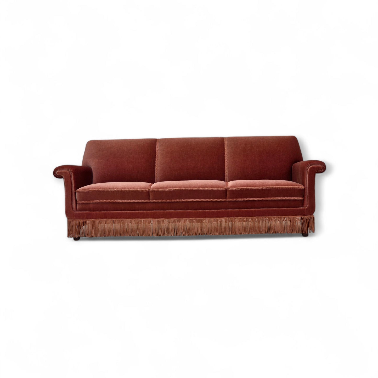 1970s, Danish 3-seater sofa, salmon pink furniture velour, beech wood.