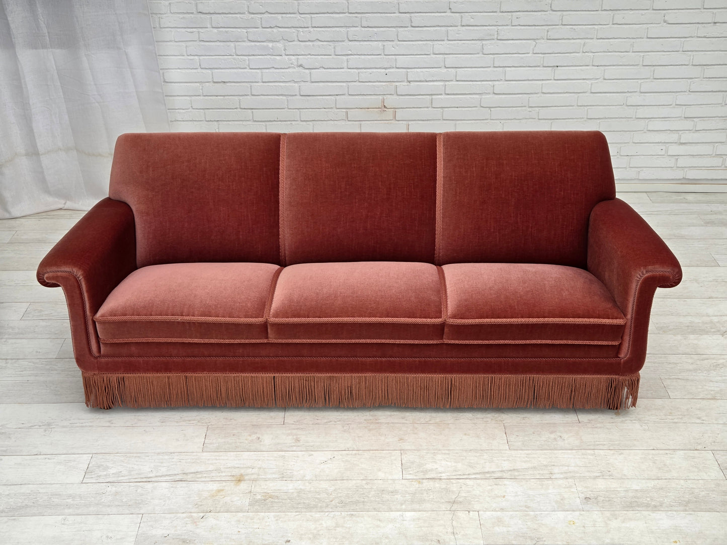 1970s, Danish 3-seater sofa, salmon pink furniture velour, beech wood.