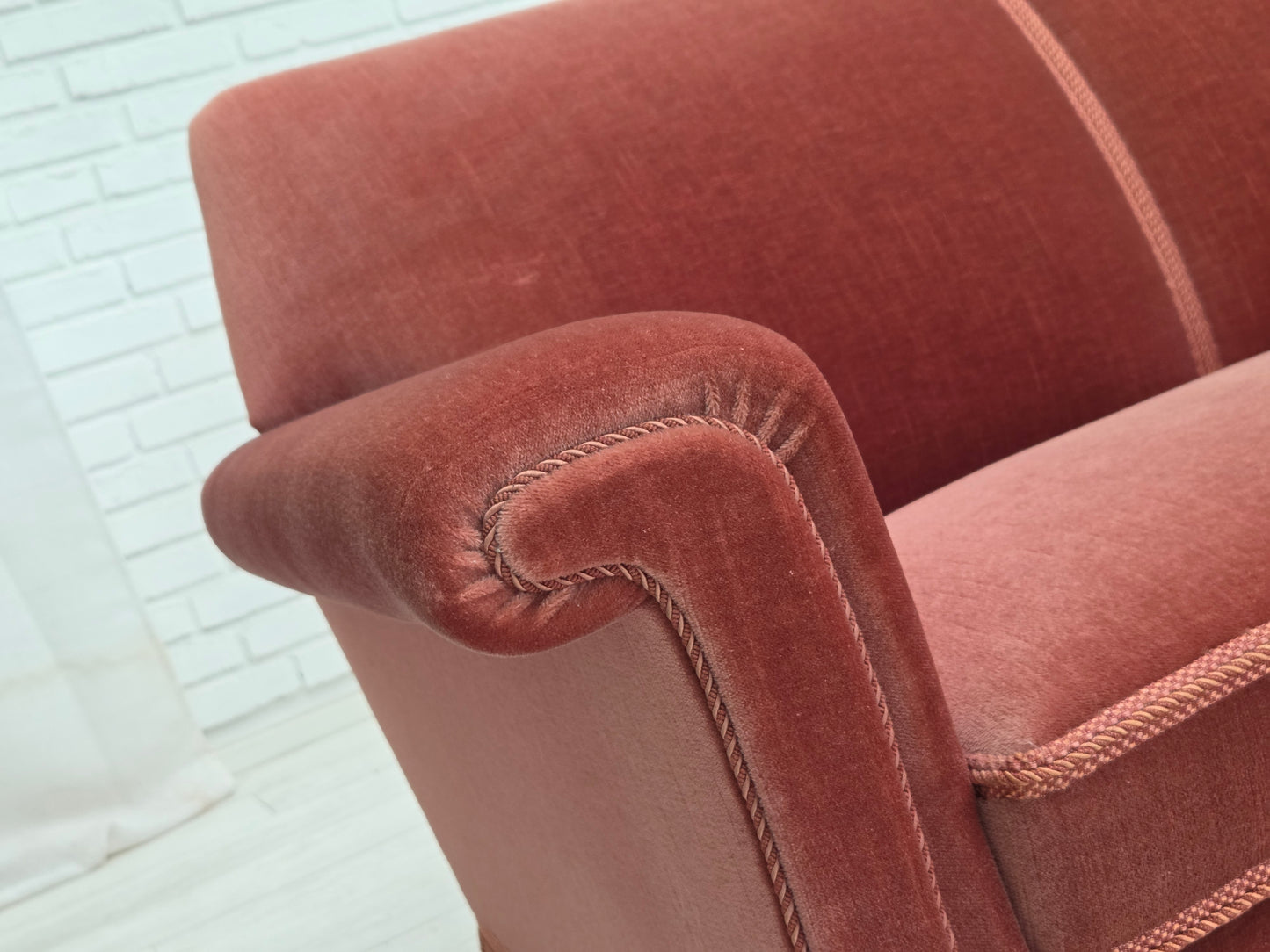 1970s, Danish 3-seater sofa, salmon pink furniture velour, beech wood.