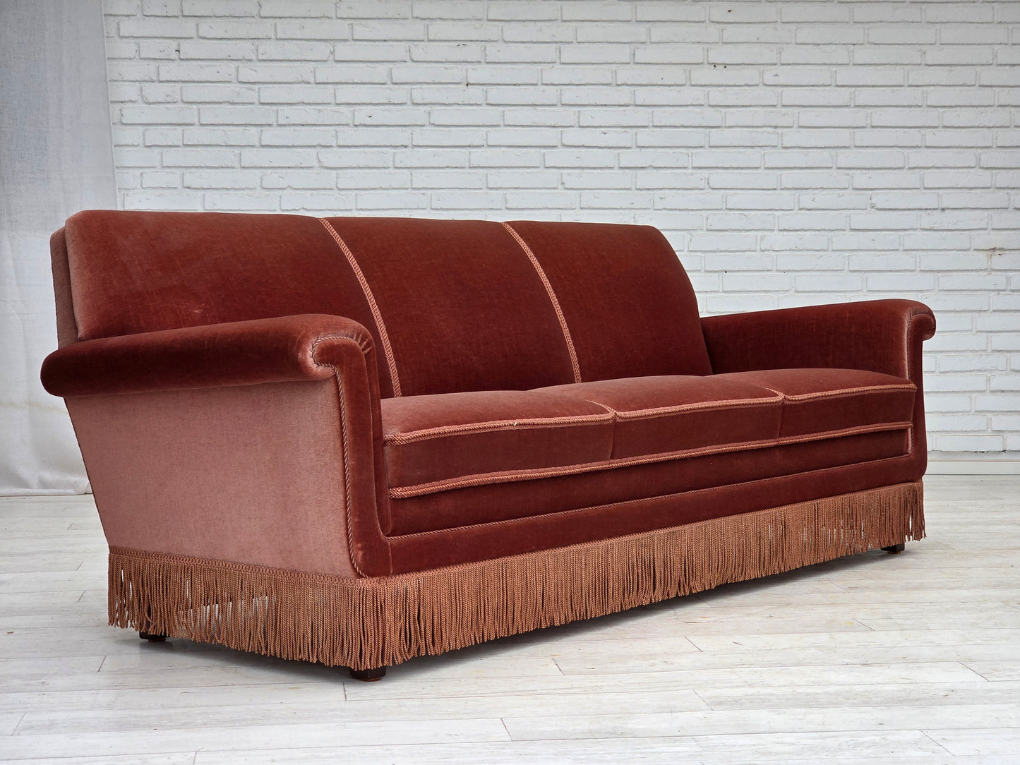 1970s, Danish 3-seater sofa, salmon pink furniture velour, beech wood.