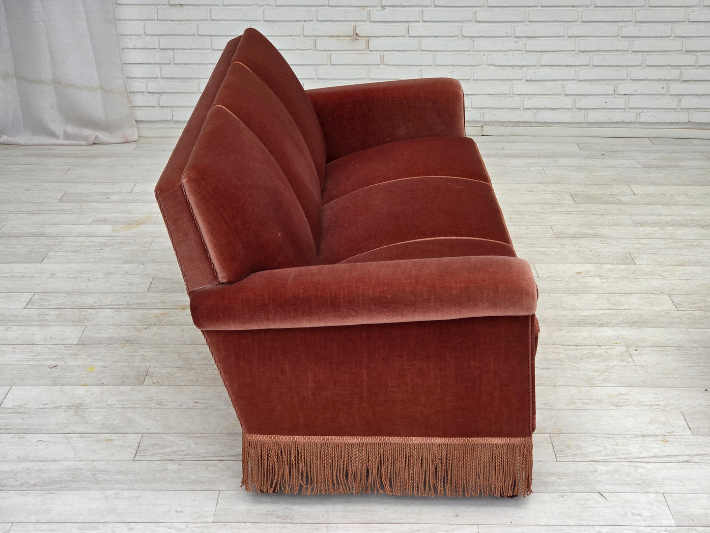 1970s, Danish 3-seater sofa, salmon pink furniture velour, beech wood.
