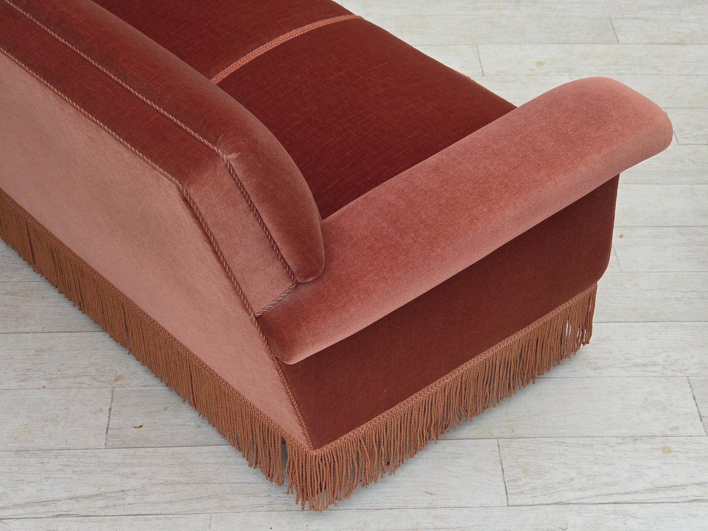 1970s, Danish 3-seater sofa, salmon pink furniture velour, beech wood.