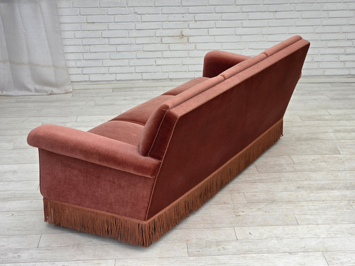 1970s, Danish 3-seater sofa, salmon pink furniture velour, beech wood.