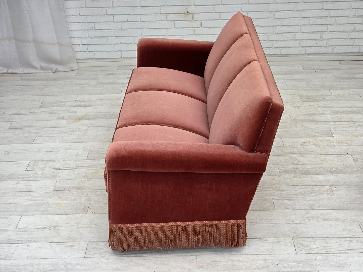 1970s, Danish 3-seater sofa, salmon pink furniture velour, beech wood.
