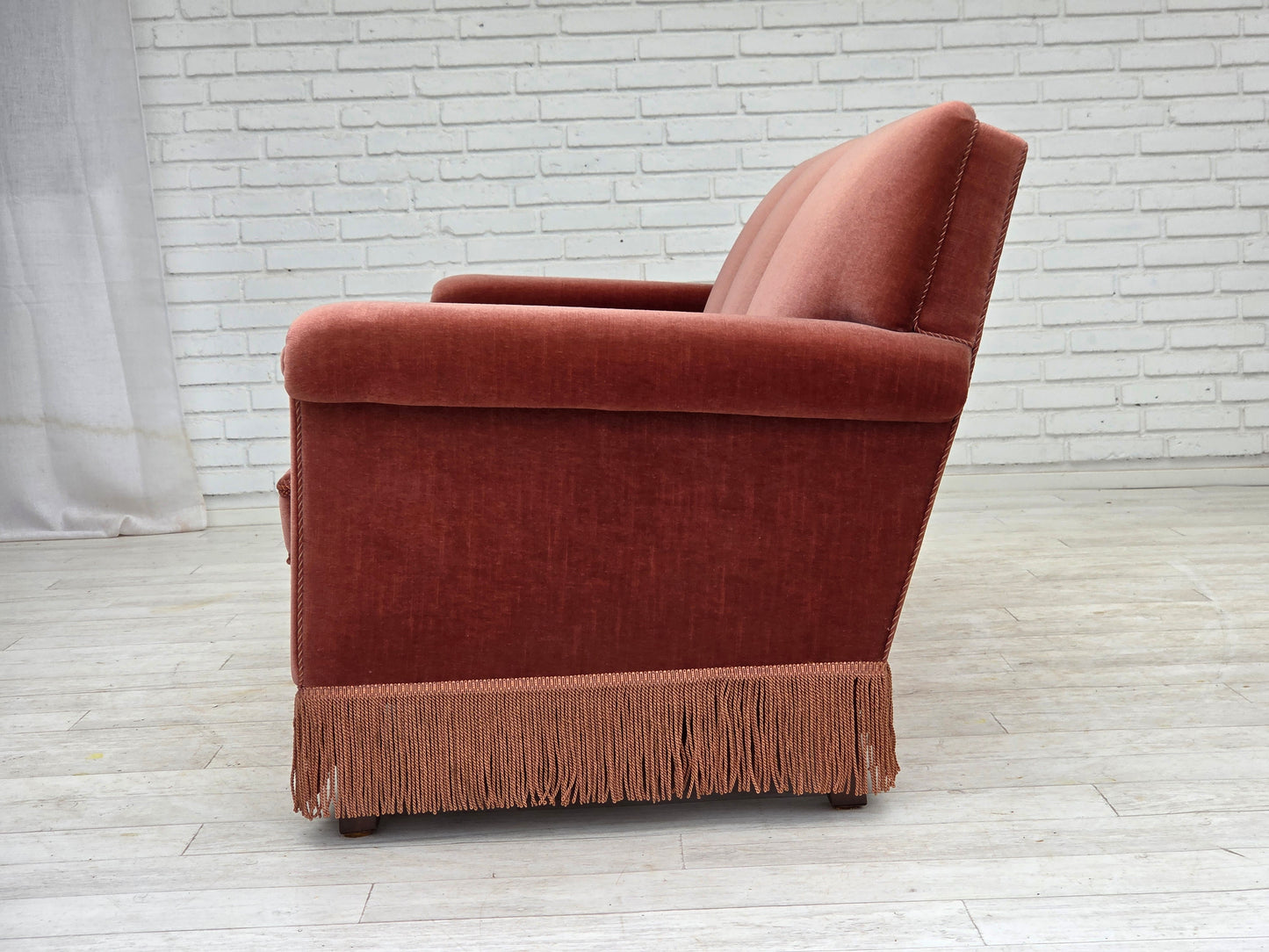 1970s, Danish 3-seater sofa, salmon pink furniture velour, beech wood.
