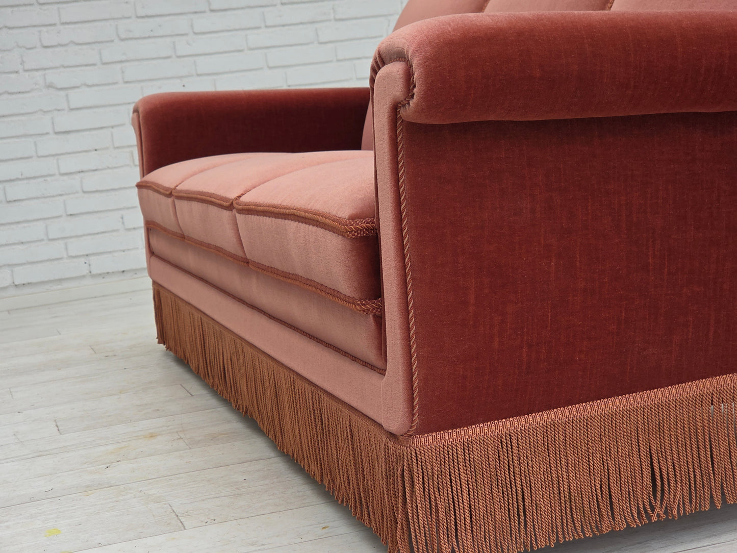 1970s, Danish 3-seater sofa, salmon pink furniture velour, beech wood.