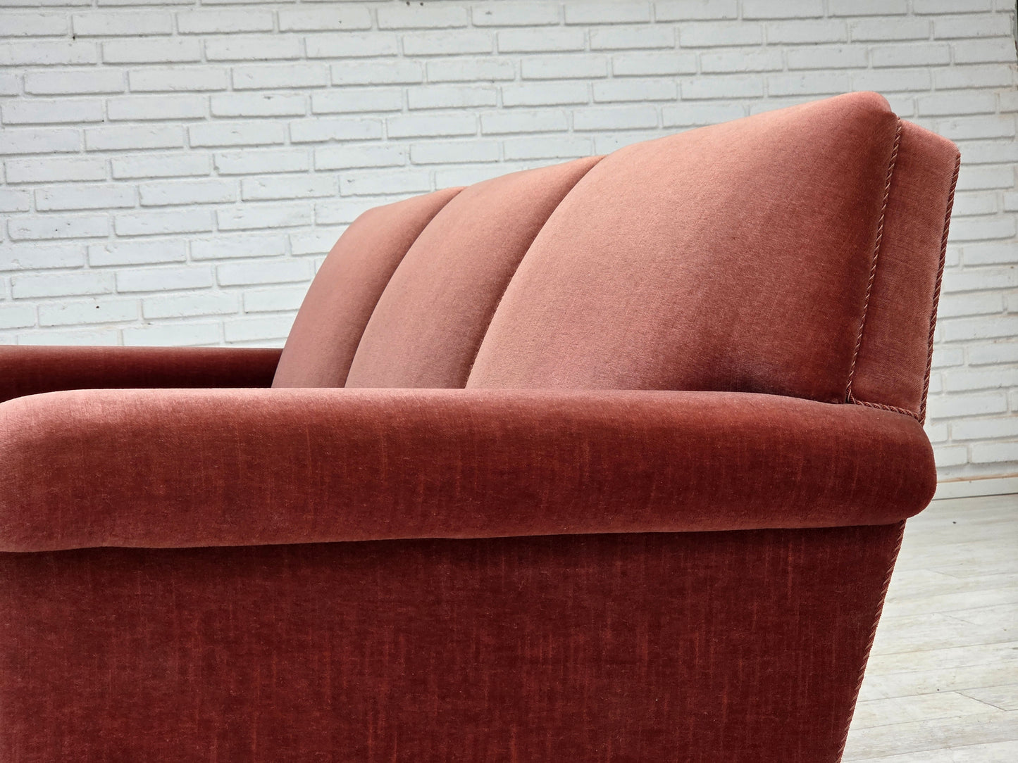 1970s, Danish 3-seater sofa, salmon pink furniture velour, beech wood.