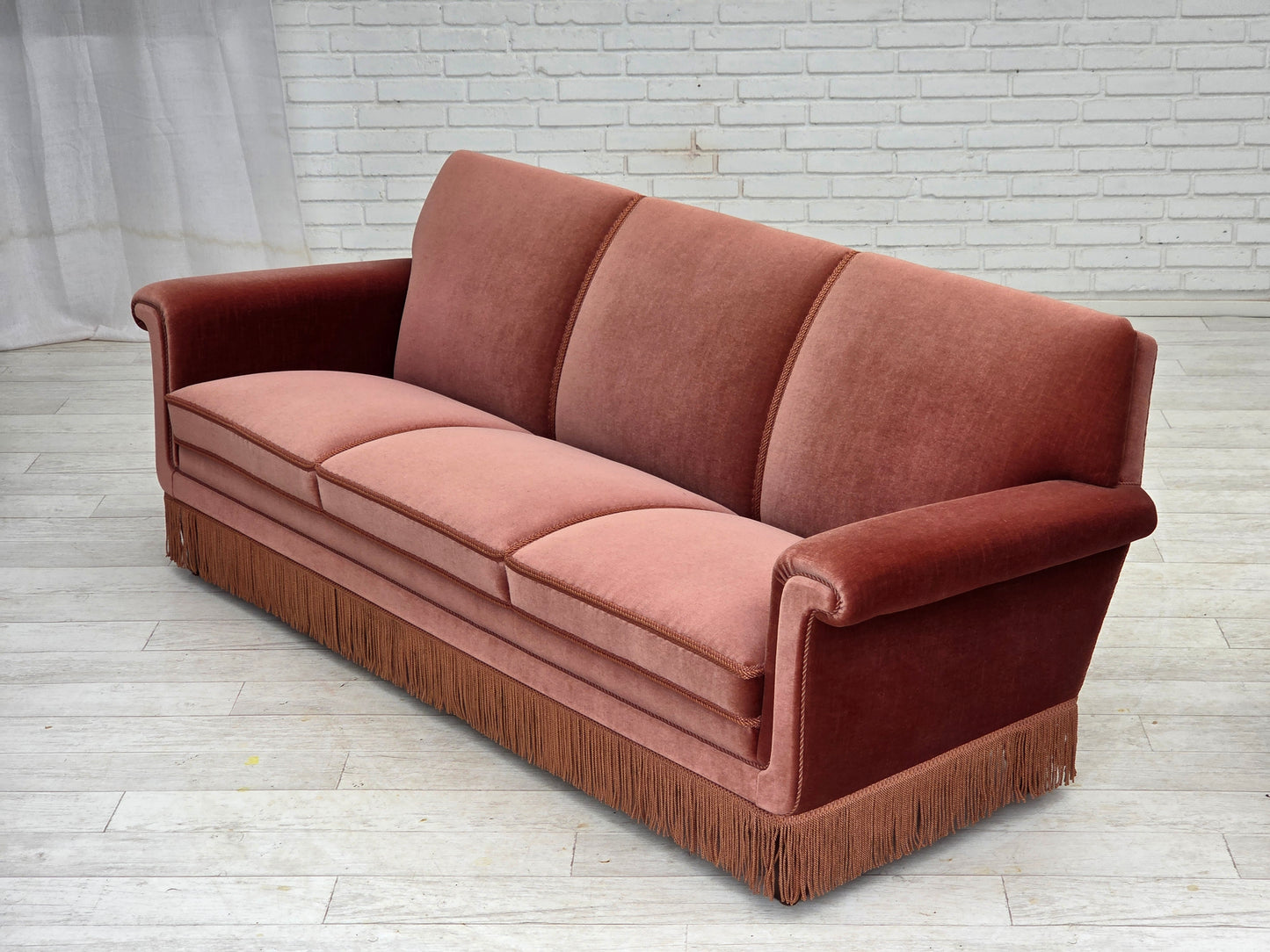 1970s, Danish 3-seater sofa, salmon pink furniture velour, beech wood.