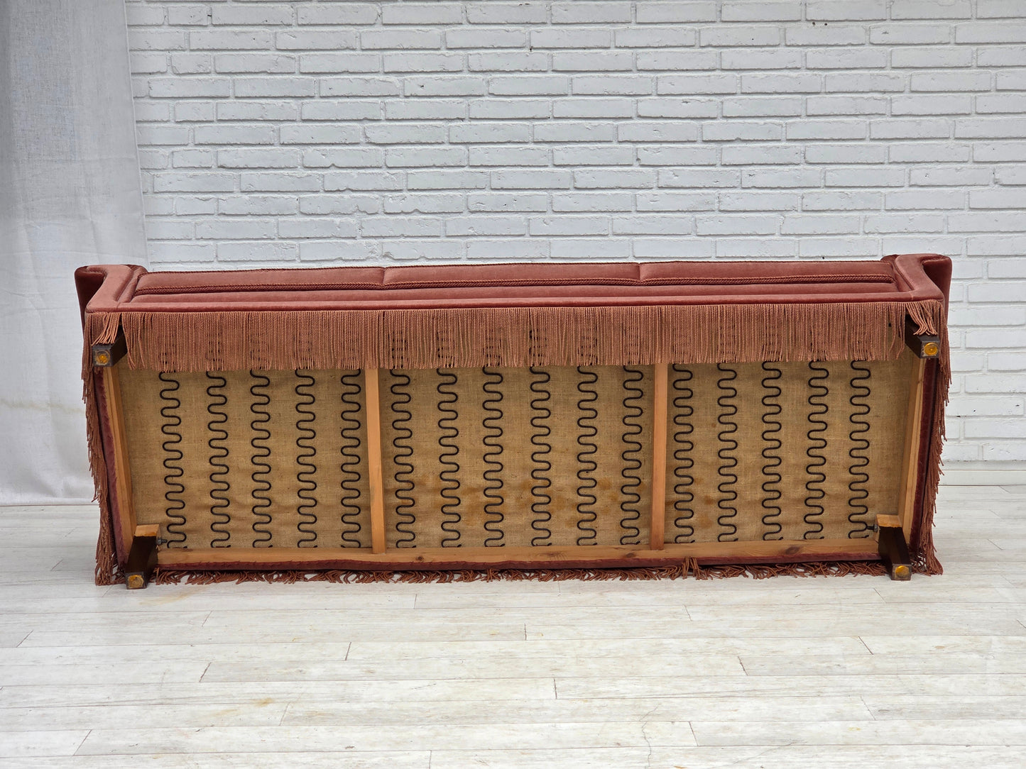 1970s, Danish 3-seater sofa, salmon pink furniture velour, beech wood.