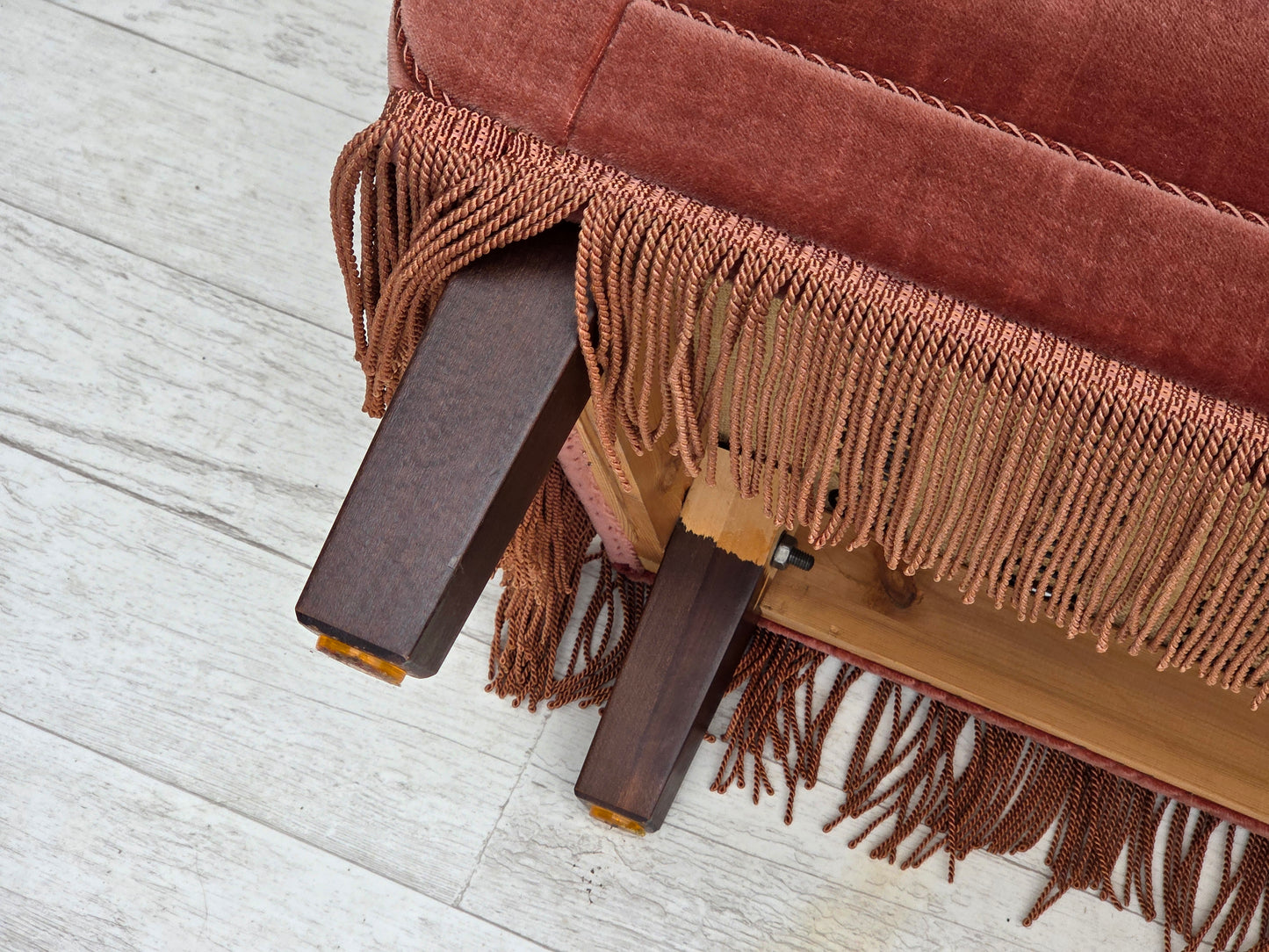 1970s, Danish 3-seater sofa, salmon pink furniture velour, beech wood.