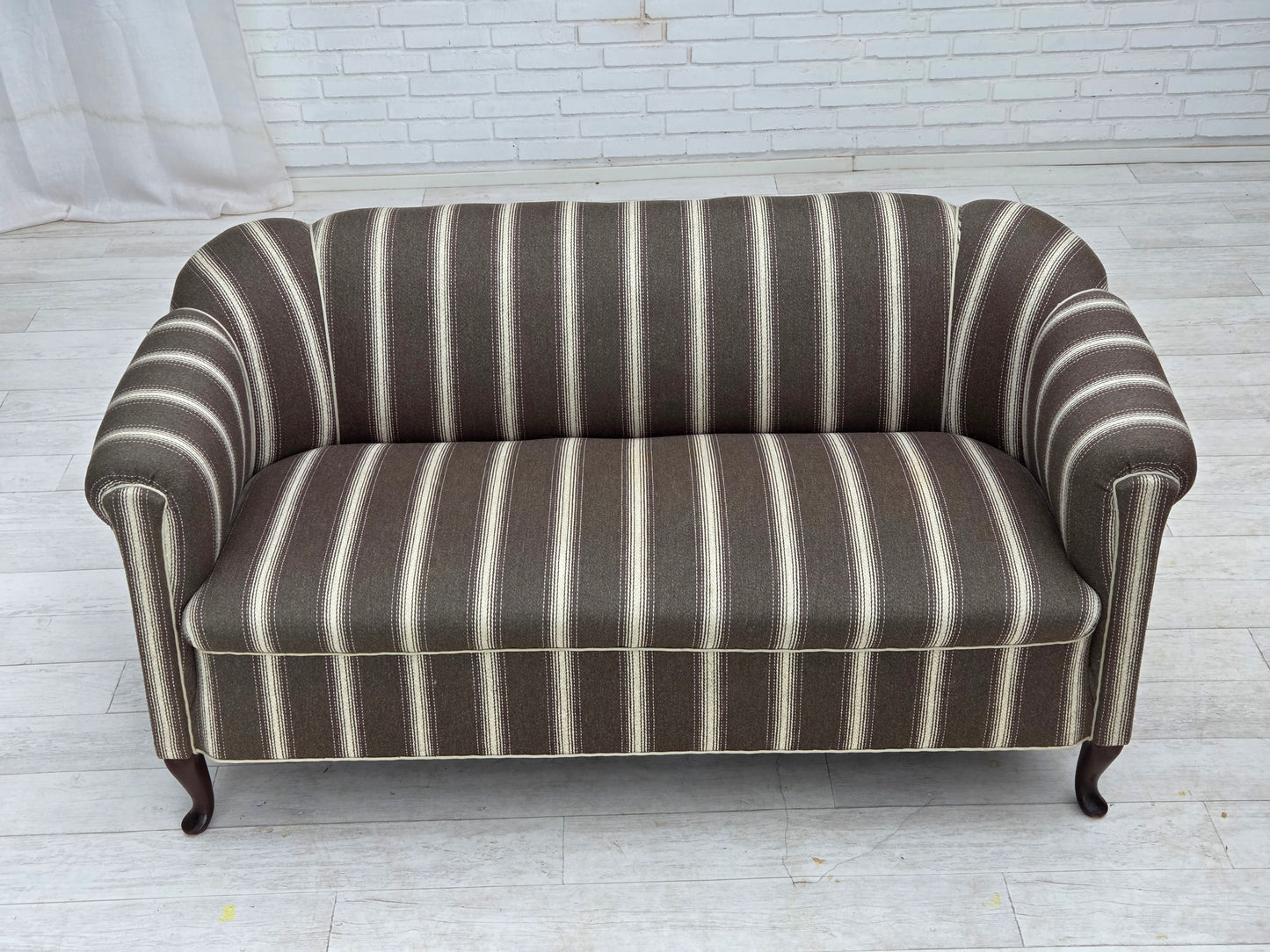 1950s, Danish 2-seater sofa, striped furniture wool, ash wood legs.