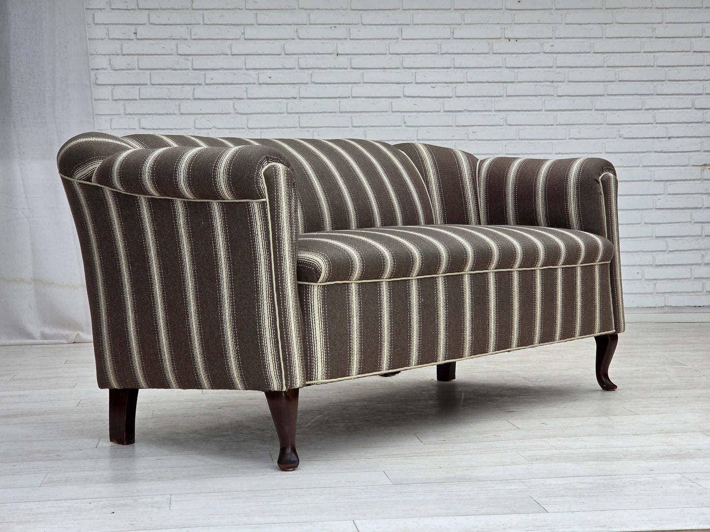 1950s, Danish 2-seater sofa, striped furniture wool, ash wood legs.