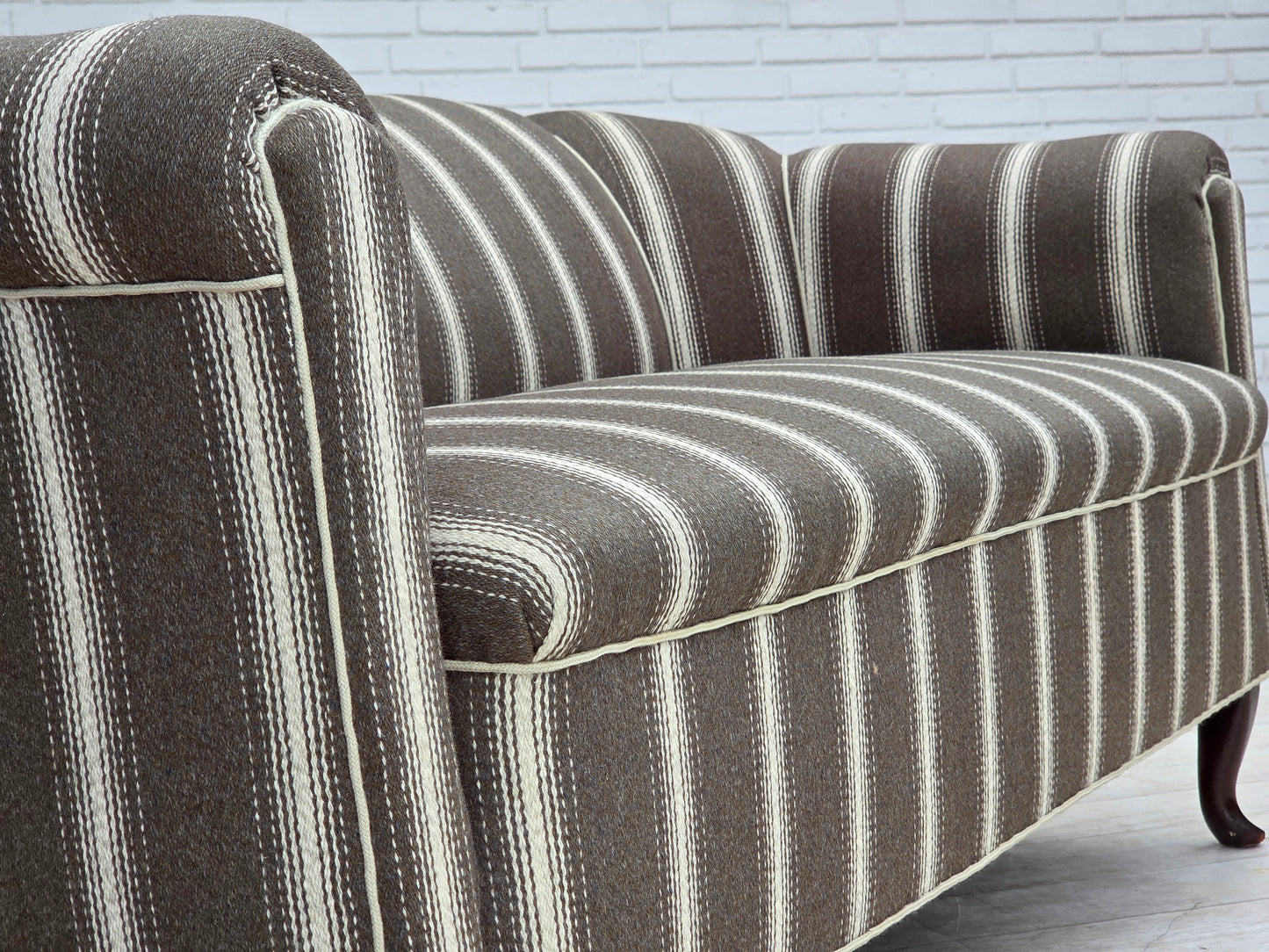 1950s, Danish 2-seater sofa, striped furniture wool, ash wood legs.