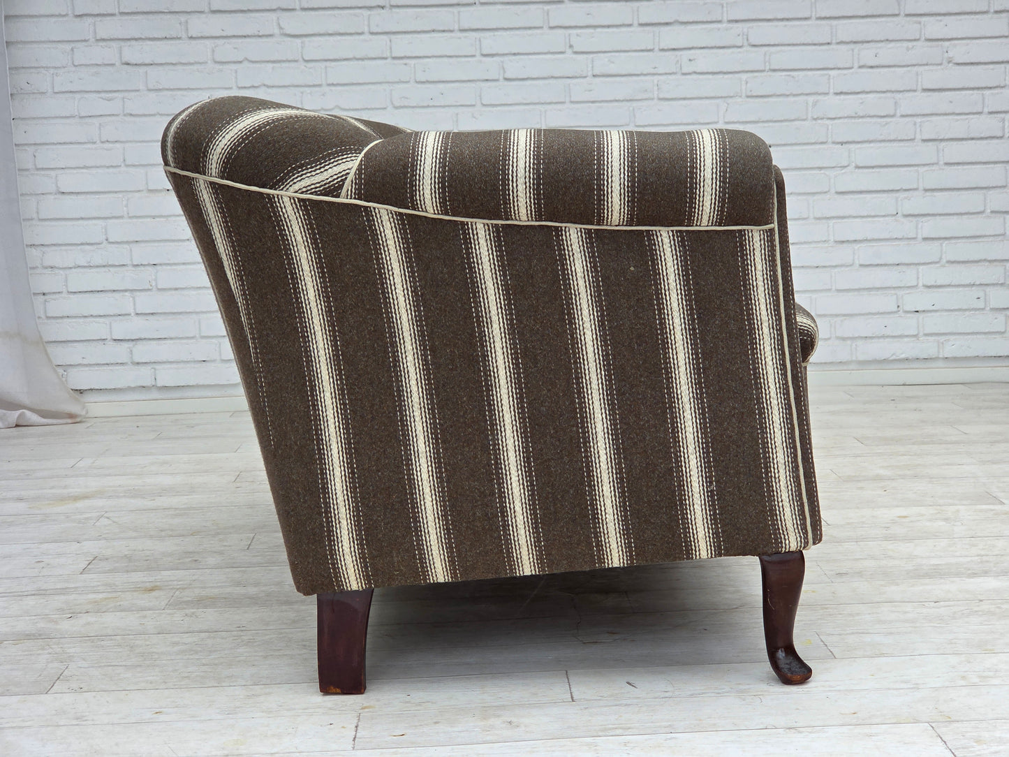1950s, Danish 2-seater sofa, striped furniture wool, ash wood legs.
