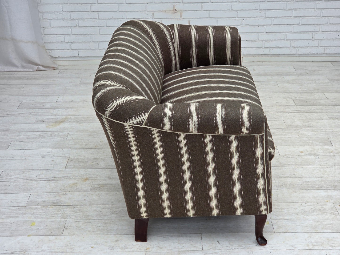 1950s, Danish 2-seater sofa, striped furniture wool, ash wood legs.