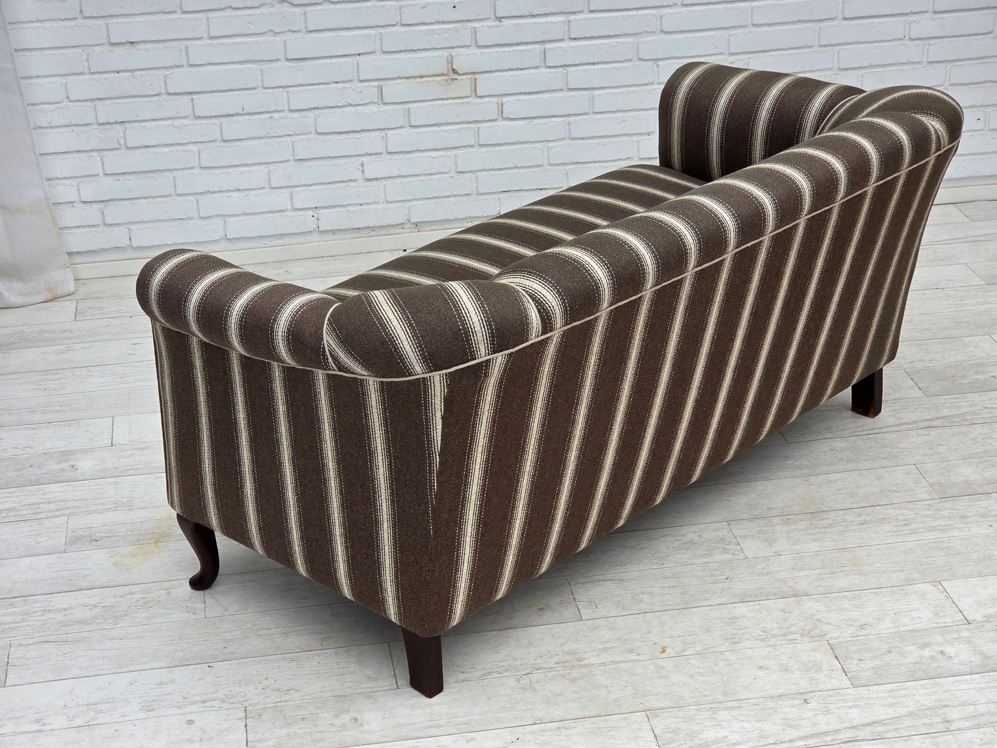 1950s, Danish 2-seater sofa, striped furniture wool, ash wood legs.