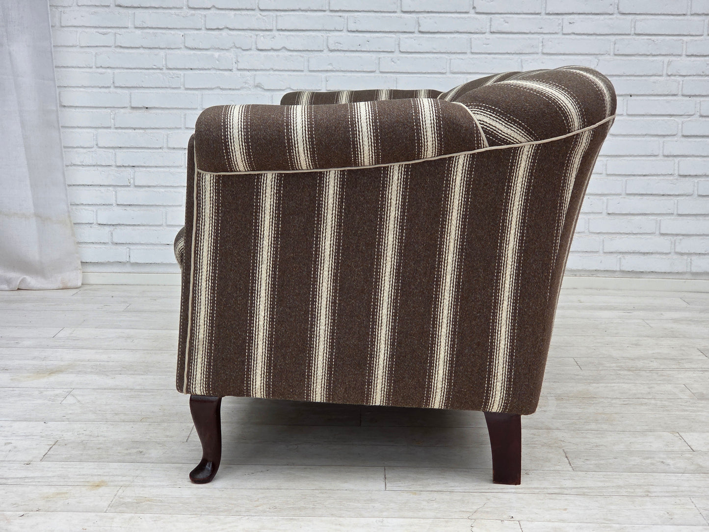 1950s, Danish 2-seater sofa, striped furniture wool, ash wood legs.