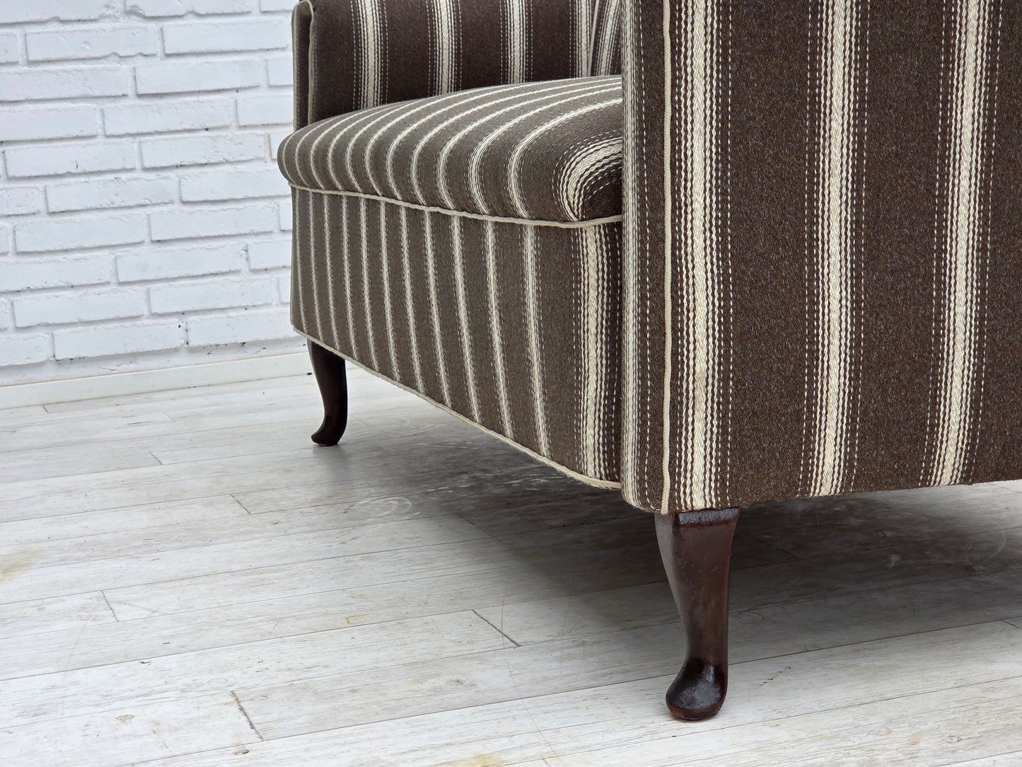 1950s, Danish 2-seater sofa, striped furniture wool, ash wood legs.