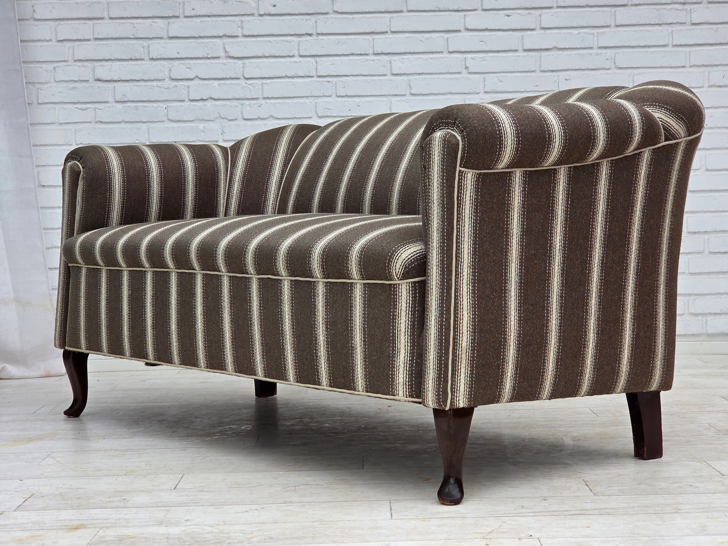 1950s, Danish 2-seater sofa, striped furniture wool, ash wood legs.