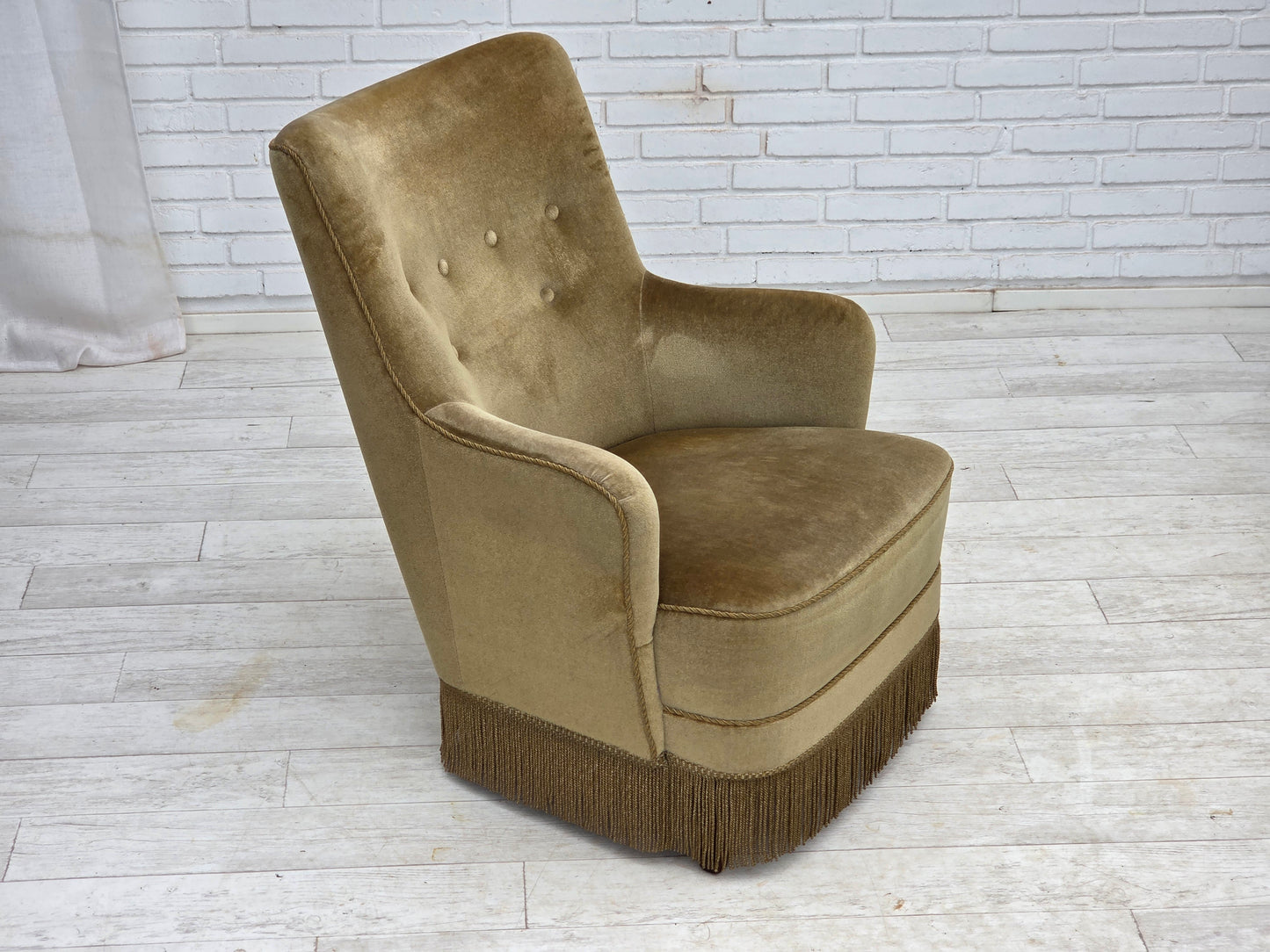 1970s, Danish highback armchair, light green furniture velour.