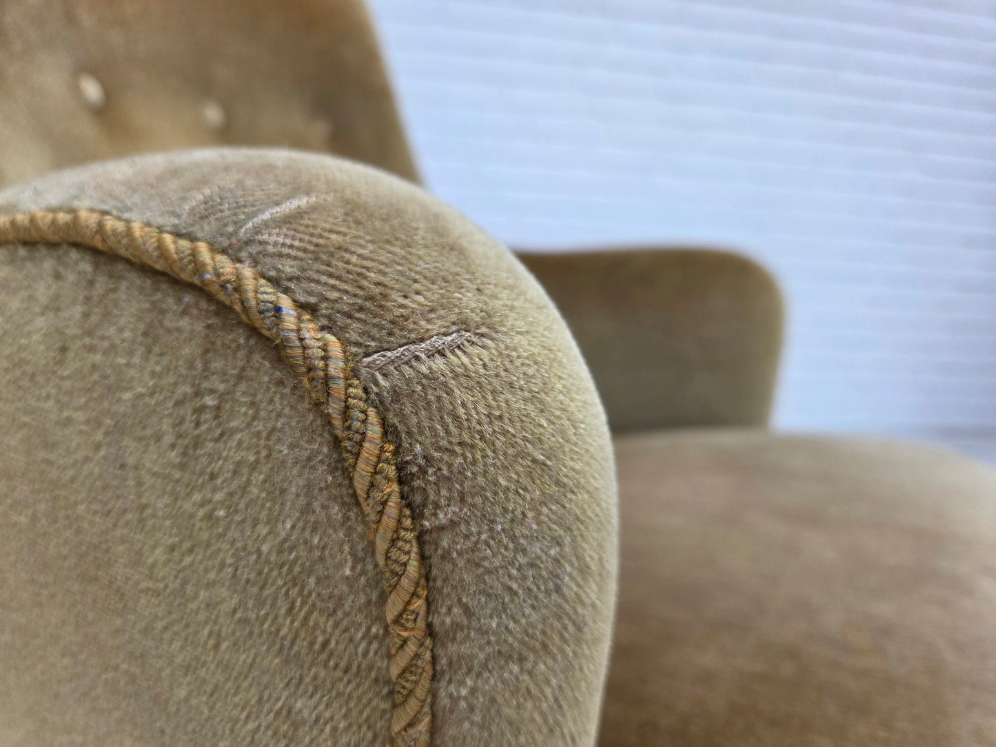 1970s, Danish highback armchair, light green furniture velour.