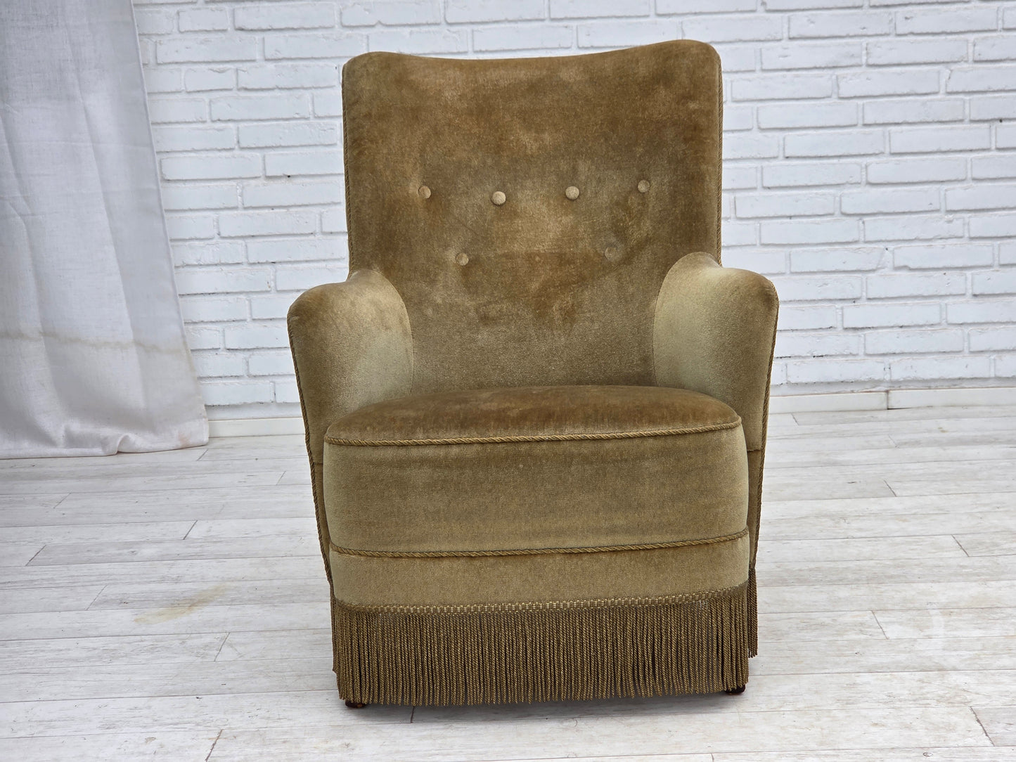 1970s, Danish highback armchair, light green furniture velour.