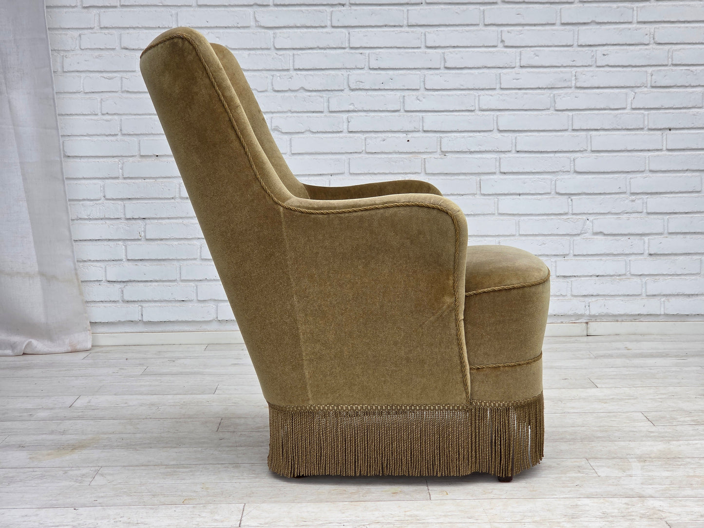 1970s, Danish highback armchair, light green furniture velour.