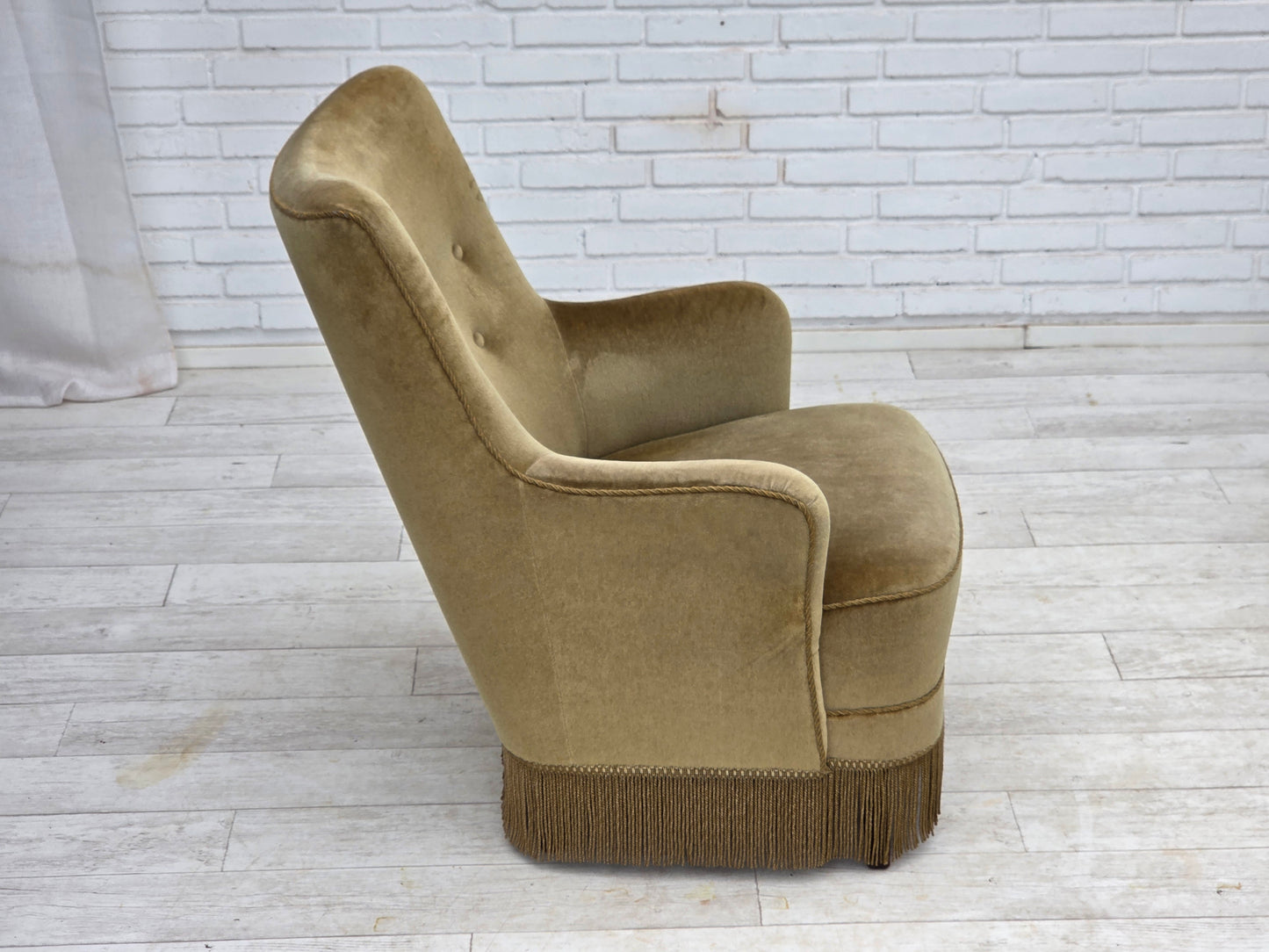 1970s, Danish highback armchair, light green furniture velour.