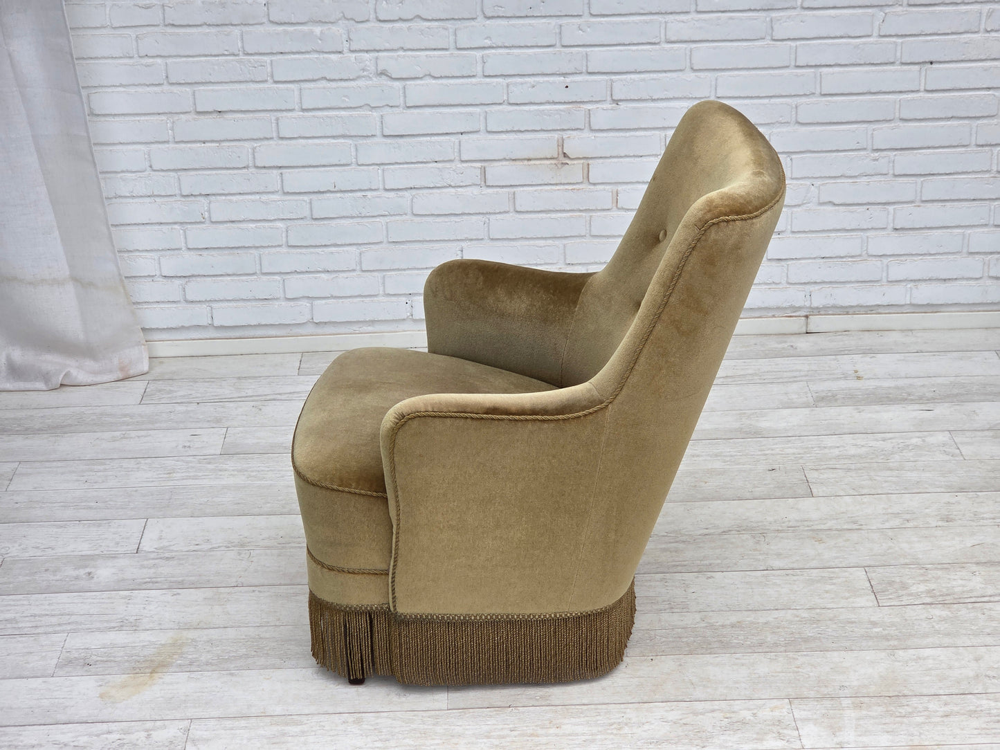 1970s, Danish highback armchair, light green furniture velour.