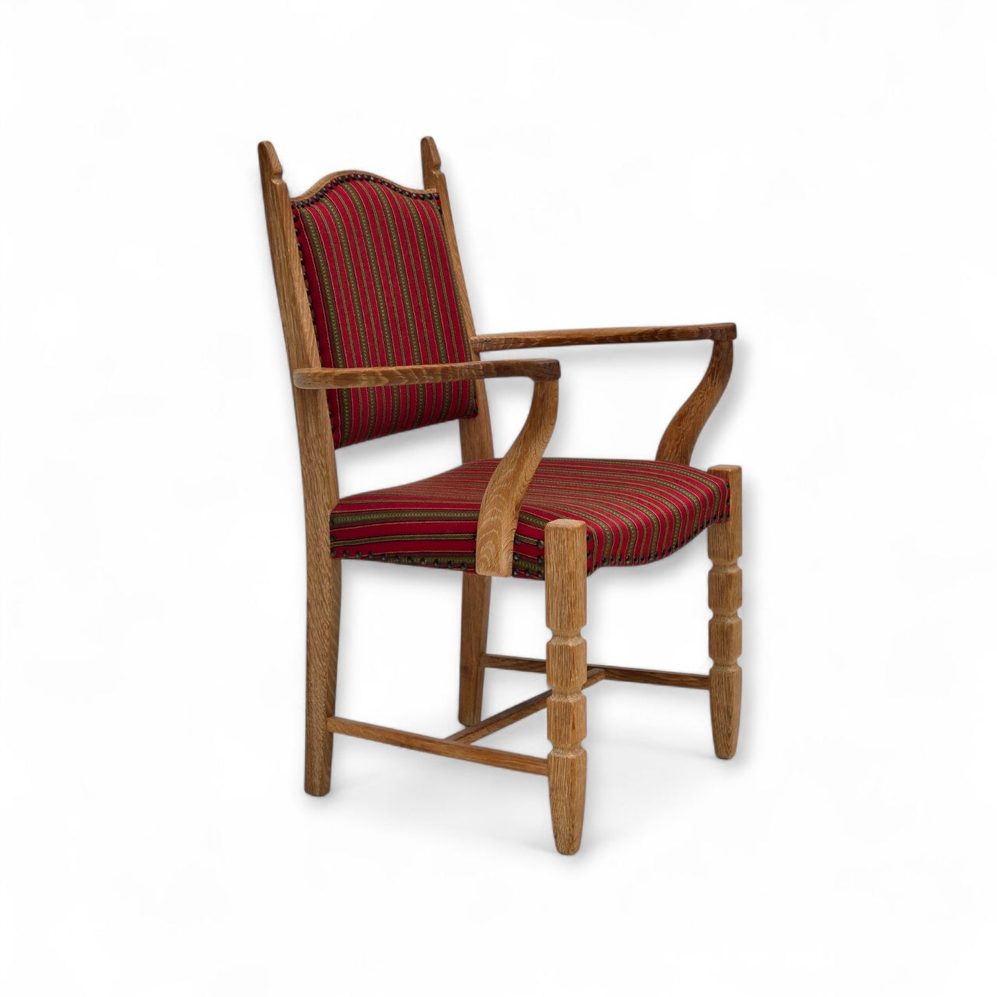 1970s, Danish armchair, striped red furniture wool, solid oak wood.