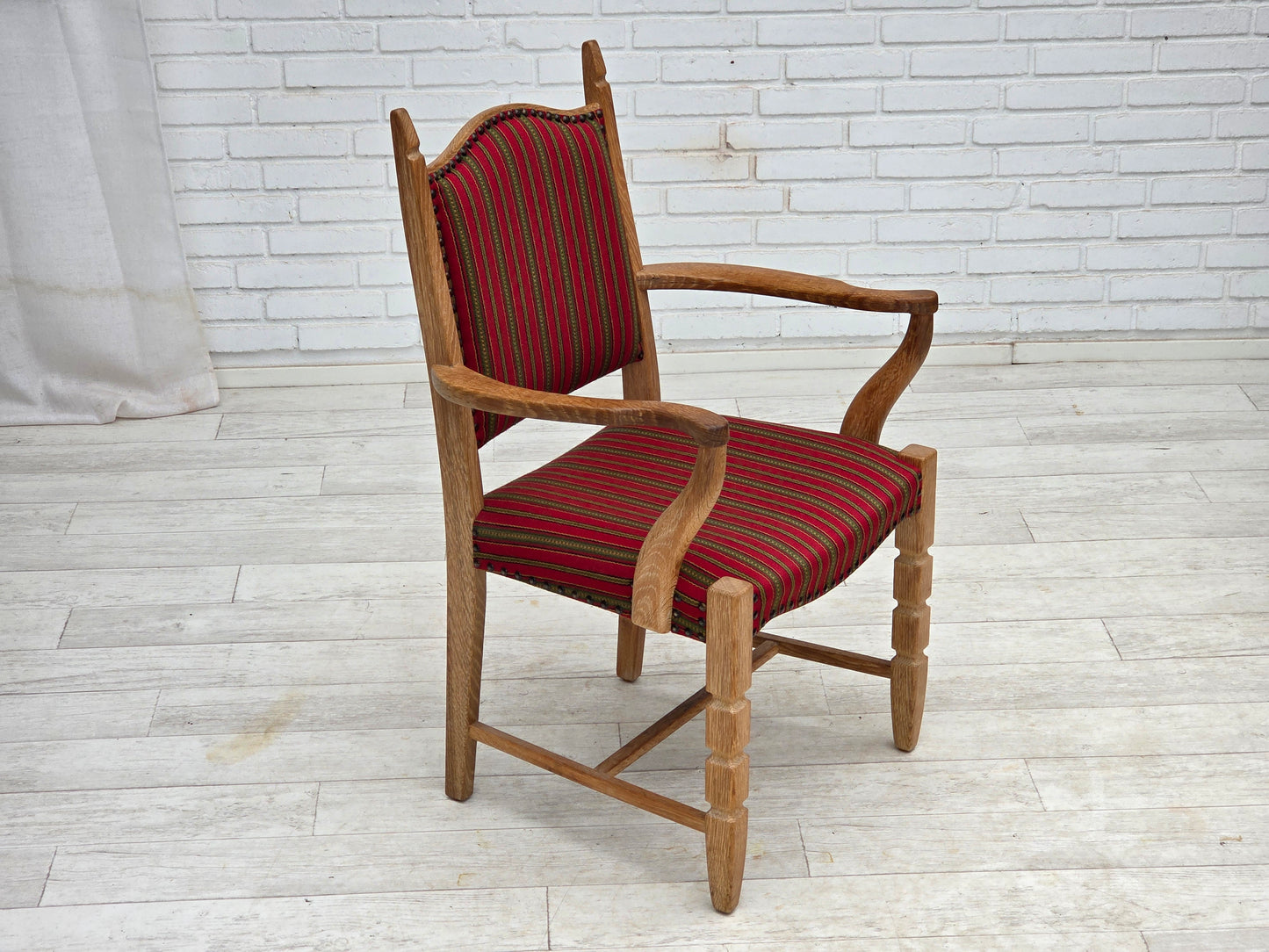 1970s, Danish armchair, striped red furniture wool, solid oak wood.