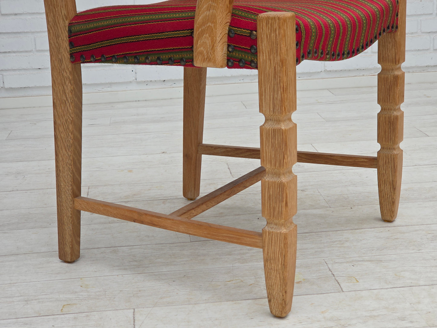 1970s, Danish armchair, striped red furniture wool, solid oak wood.